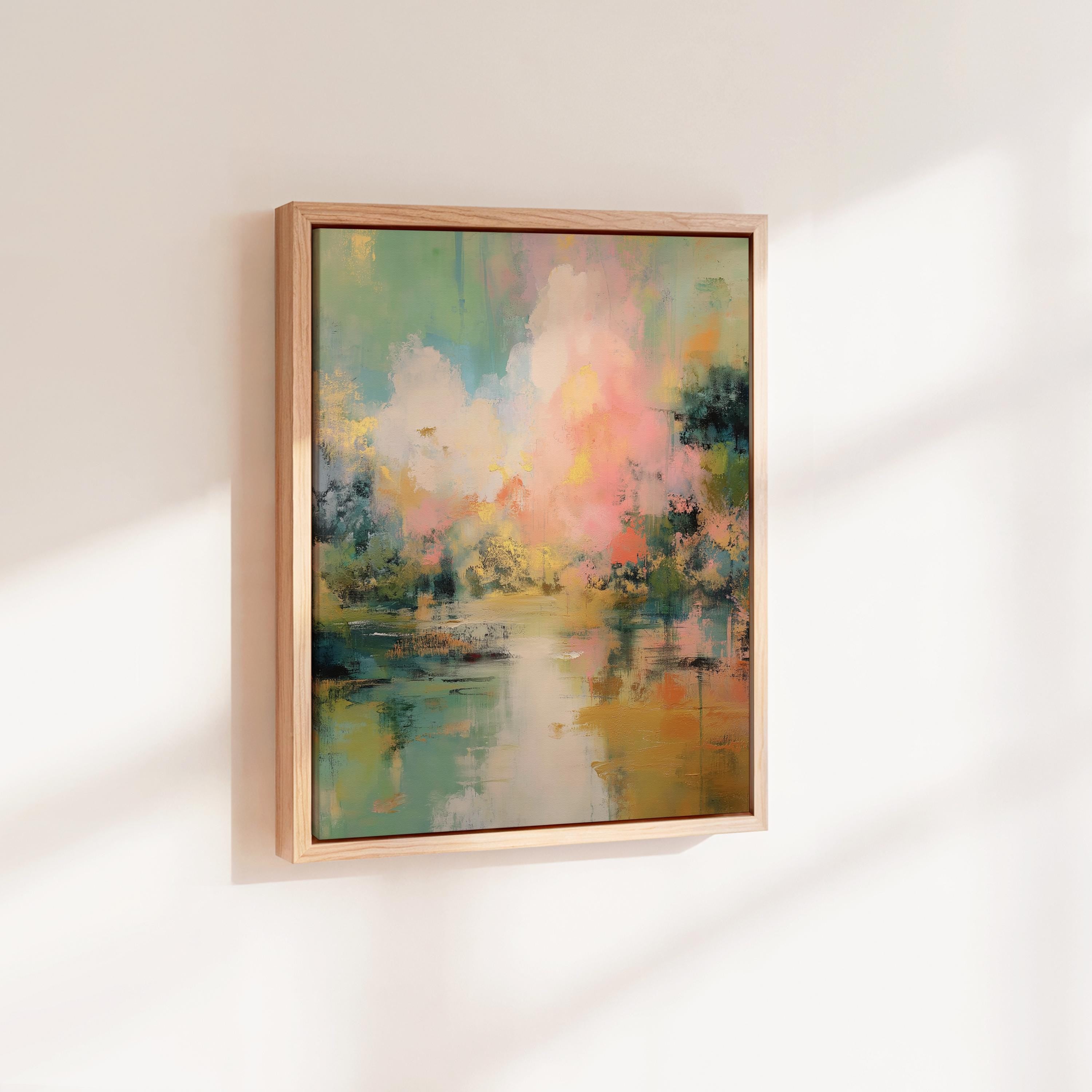 Vertical abstract canvas in peach, mint green, teal, and soft golden tones with luminous blended texture; ideal for living rooms, modern coastal homes, or warm minimalist interiors; gallery-wrapped canvas by Muse Studio