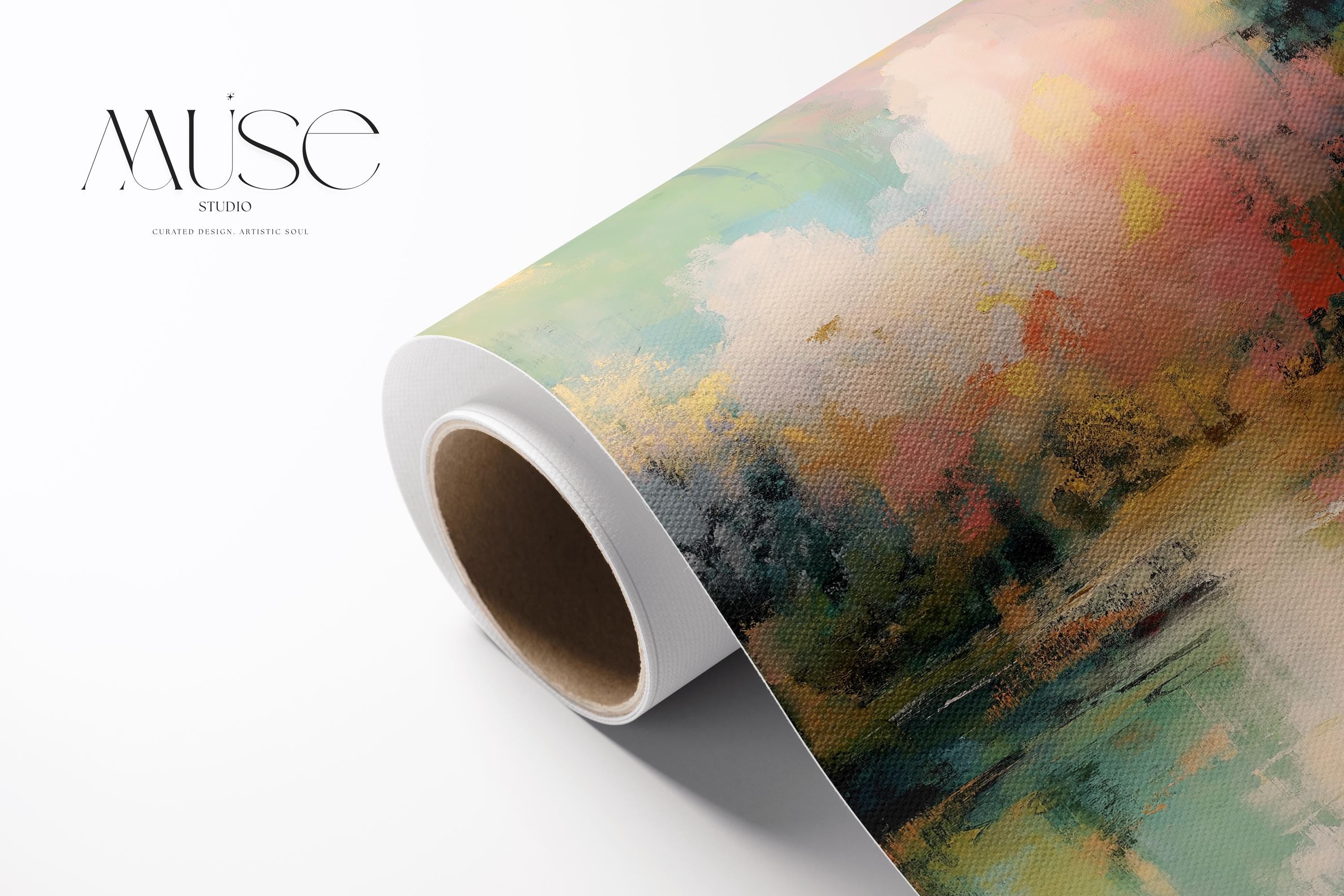 Vertical abstract canvas in peach, mint green, teal, and soft golden tones with luminous blended texture; ideal for living rooms, modern coastal homes, or warm minimalist interiors; gallery-wrapped canvas by Muse Studio