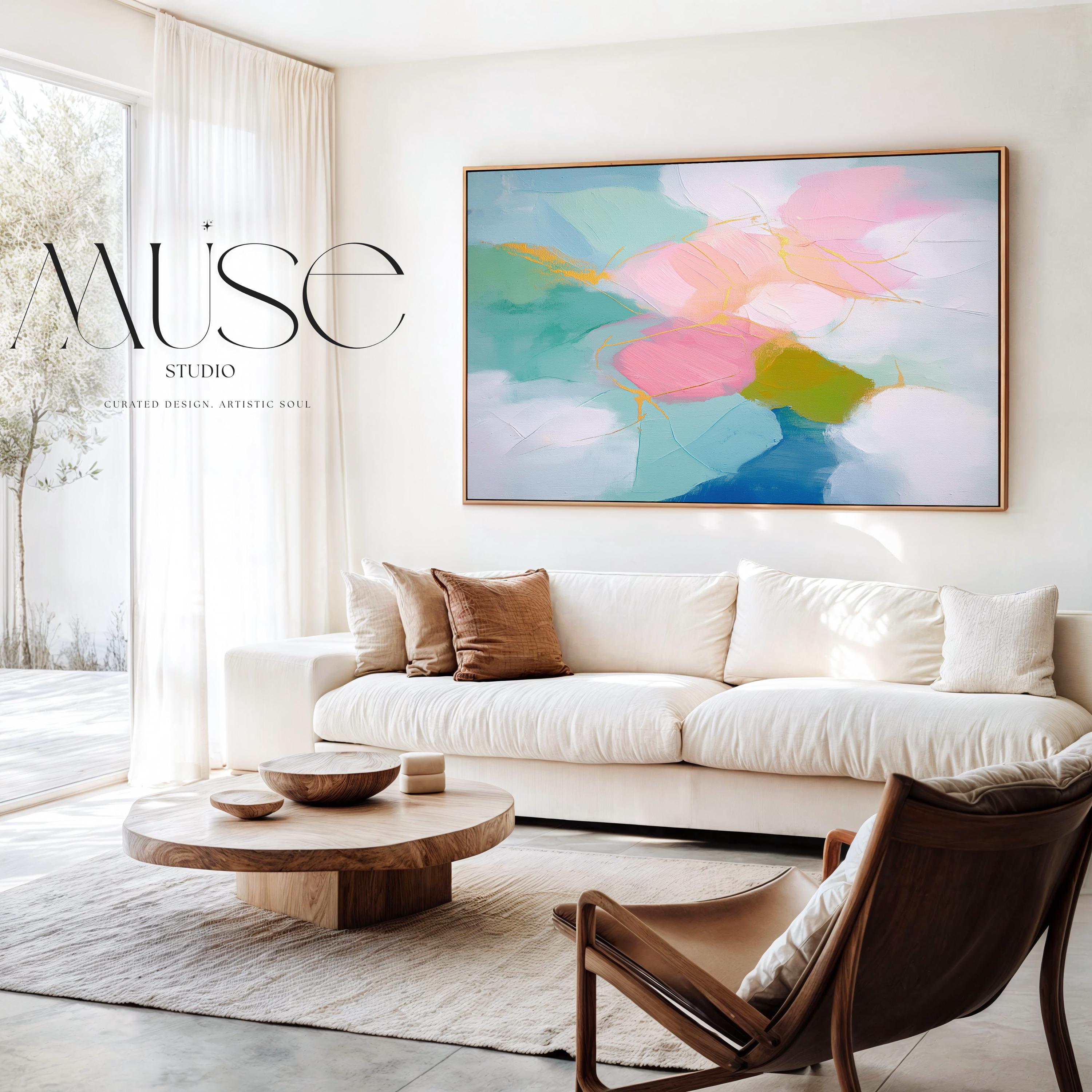 Abstract canvas wall art by Muse Studio featuring aqua and blush pastel tones in a soft horizontal composition, printed with museum-grade giclée inks on premium gallery-wrapped artist canvas for nursery, kids room, or dorm decor 484