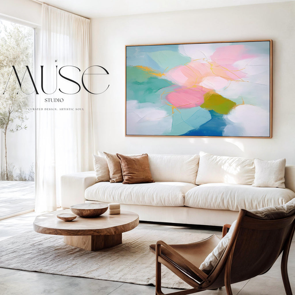 Abstract canvas wall art by Muse Studio featuring aqua and blush pastel tones in a soft horizontal composition, printed with museum-grade giclée inks on premium gallery-wrapped artist canvas for nursery, kids room, or dorm decor 484
