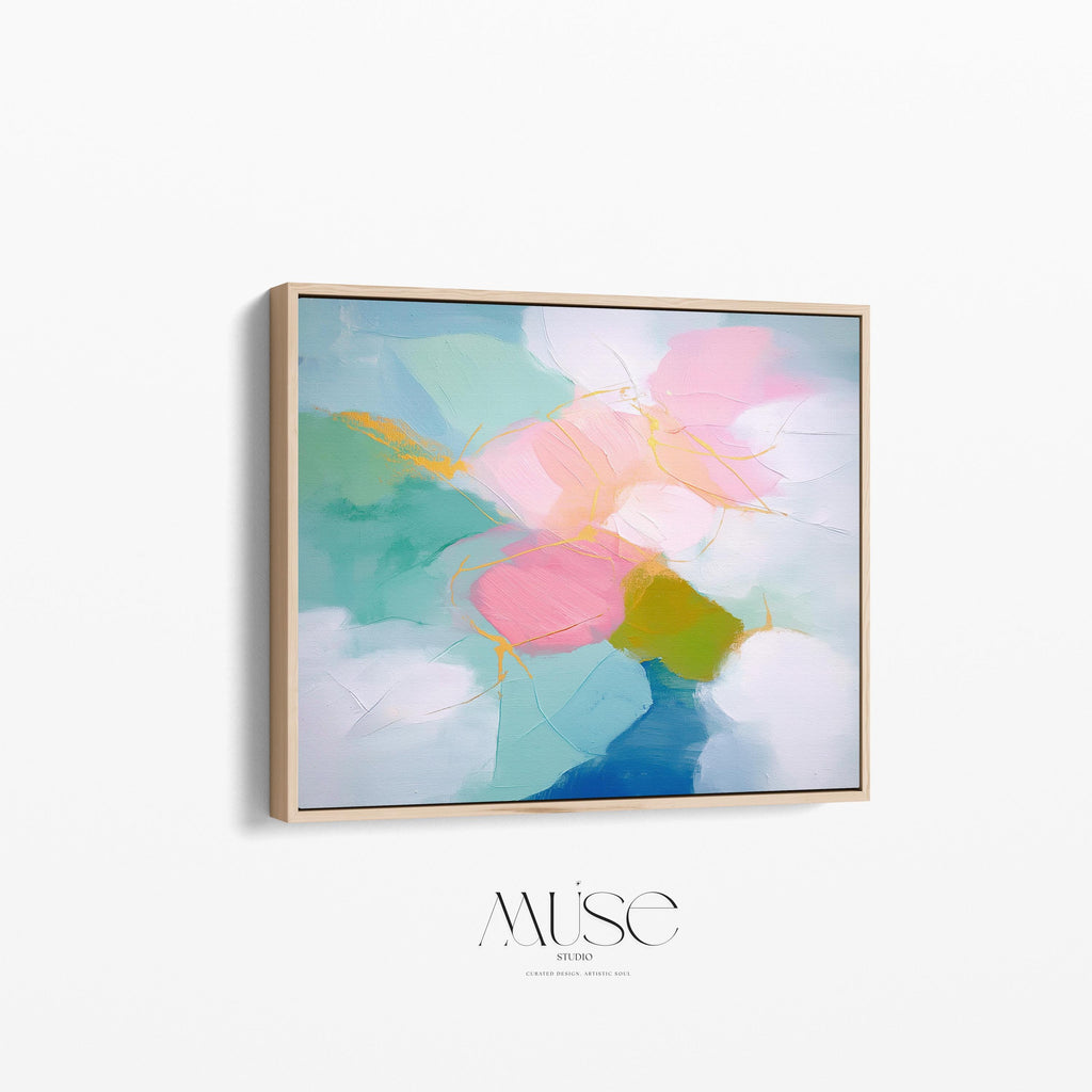 Abstract canvas wall art by Muse Studio featuring aqua and blush pastel tones in a soft horizontal composition, printed with museum-grade giclée inks on premium gallery-wrapped artist canvas for nursery, kids room, or dorm decor 484