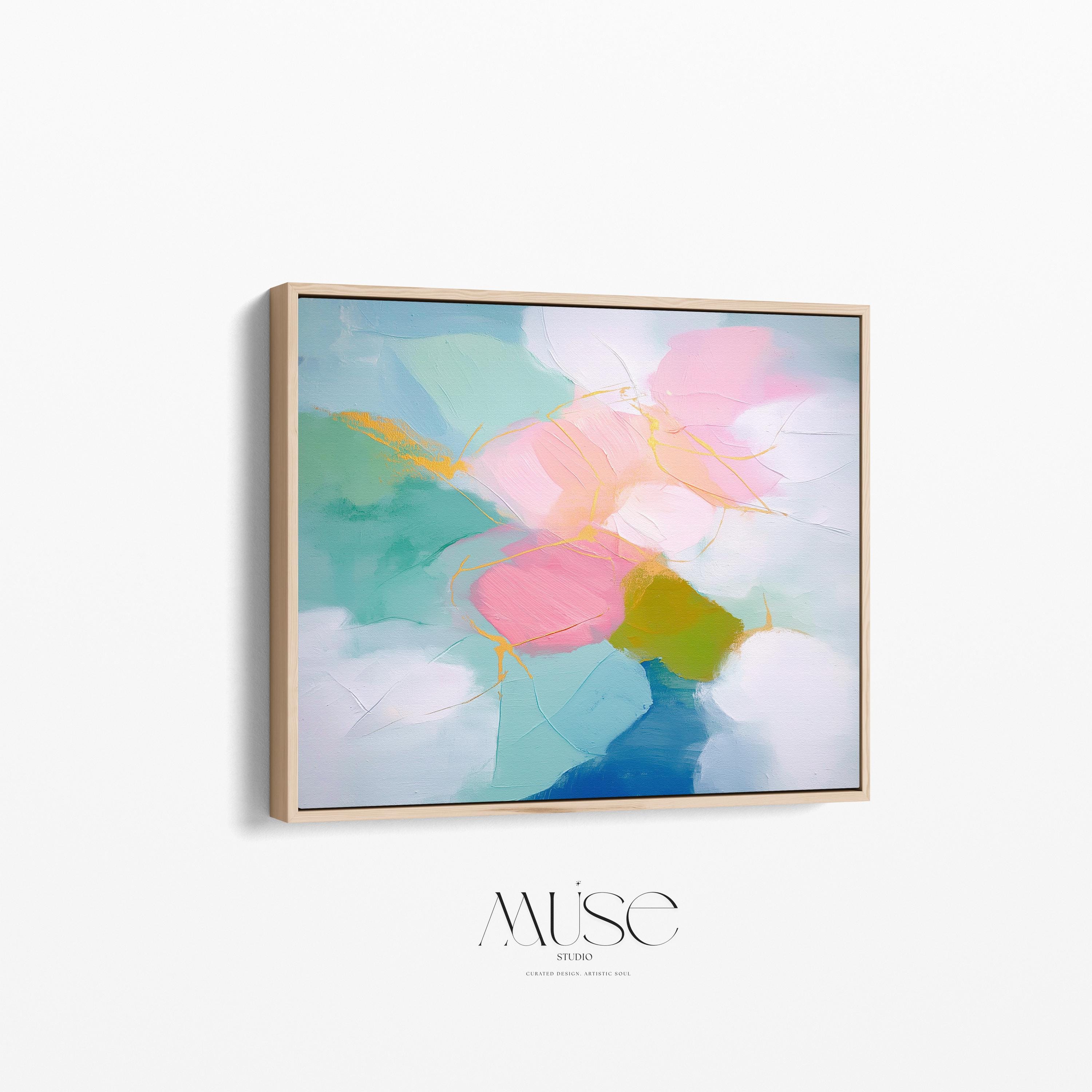 Abstract canvas wall art by Muse Studio featuring aqua and blush pastel tones in a soft horizontal composition, printed with museum-grade giclée inks on premium gallery-wrapped artist canvas for nursery, kids room, or dorm decor 484