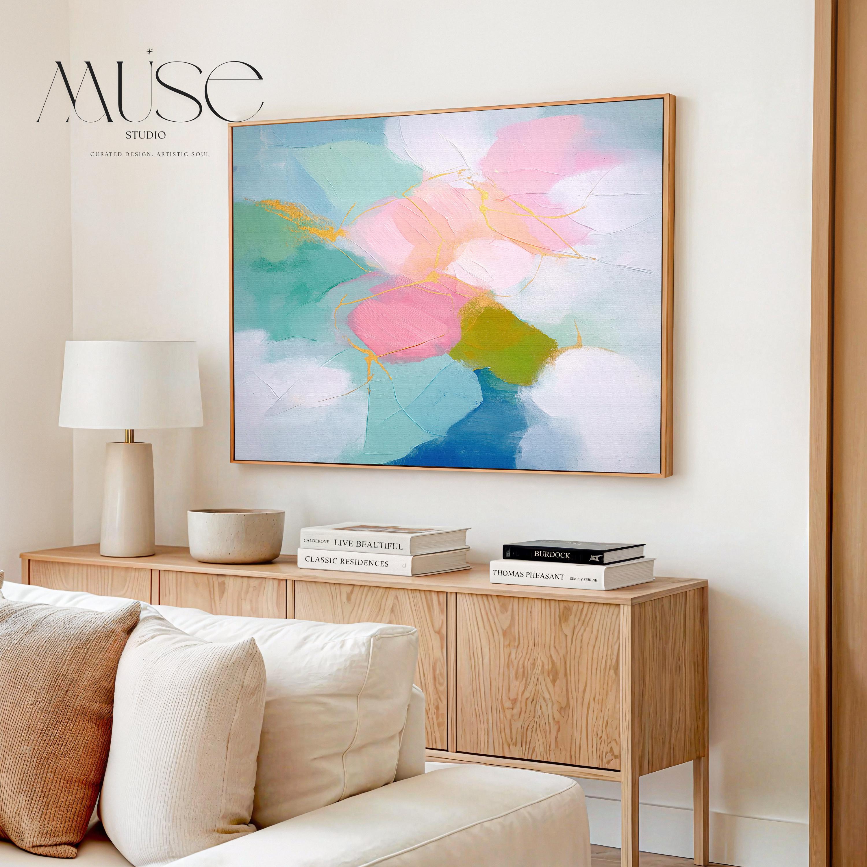 Abstract canvas wall art by Muse Studio featuring aqua and blush pastel tones in a soft horizontal composition, printed with museum-grade giclée inks on premium gallery-wrapped artist canvas for nursery, kids room, or dorm decor 484