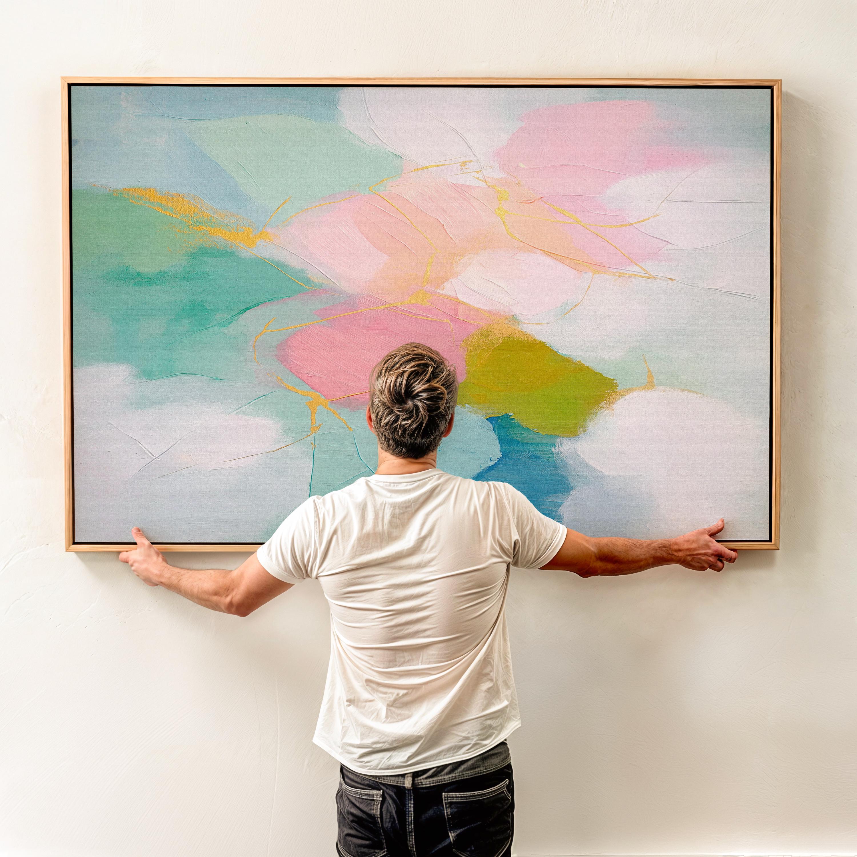 Abstract canvas wall art by Muse Studio featuring aqua and blush pastel tones in a soft horizontal composition, printed with museum-grade giclée inks on premium gallery-wrapped artist canvas for nursery, kids room, or dorm decor 484