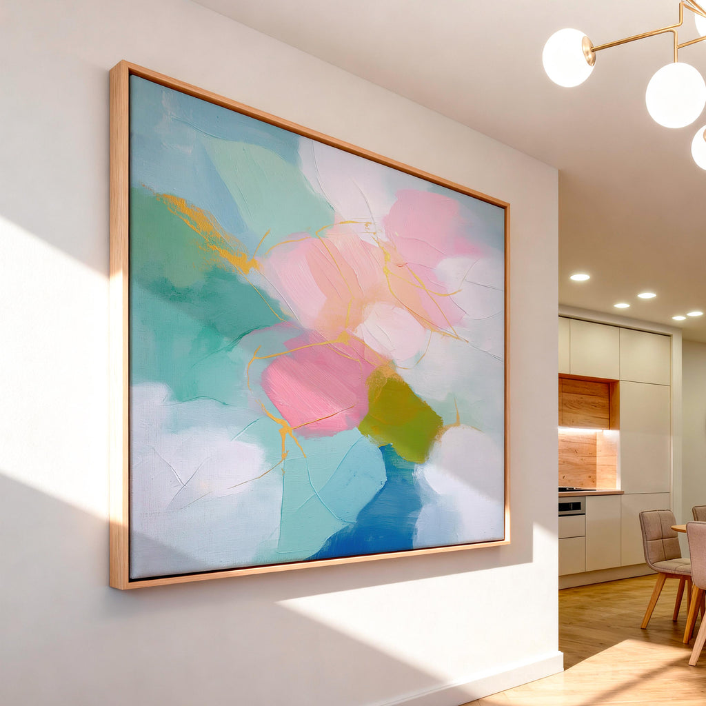 Abstract canvas wall art by Muse Studio featuring aqua and blush pastel tones in a soft horizontal composition, printed with museum-grade giclée inks on premium gallery-wrapped artist canvas for nursery, kids room, or dorm decor 484