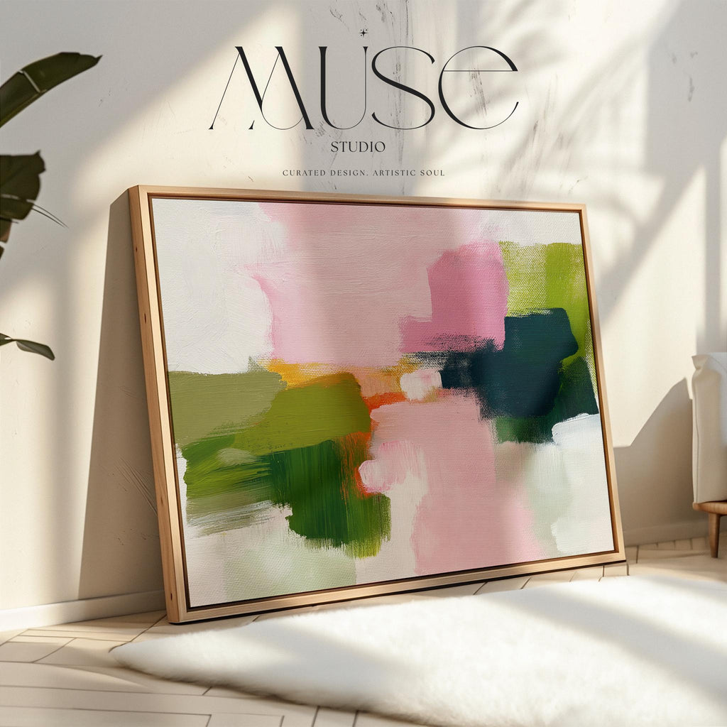 Abstract canvas wall art by Muse Studio featuring blush pink and soft green tones in a minimal horizontal composition, printed with museum-grade giclée inks on premium gallery-wrapped artist canvas for living room or bedroom decor 316