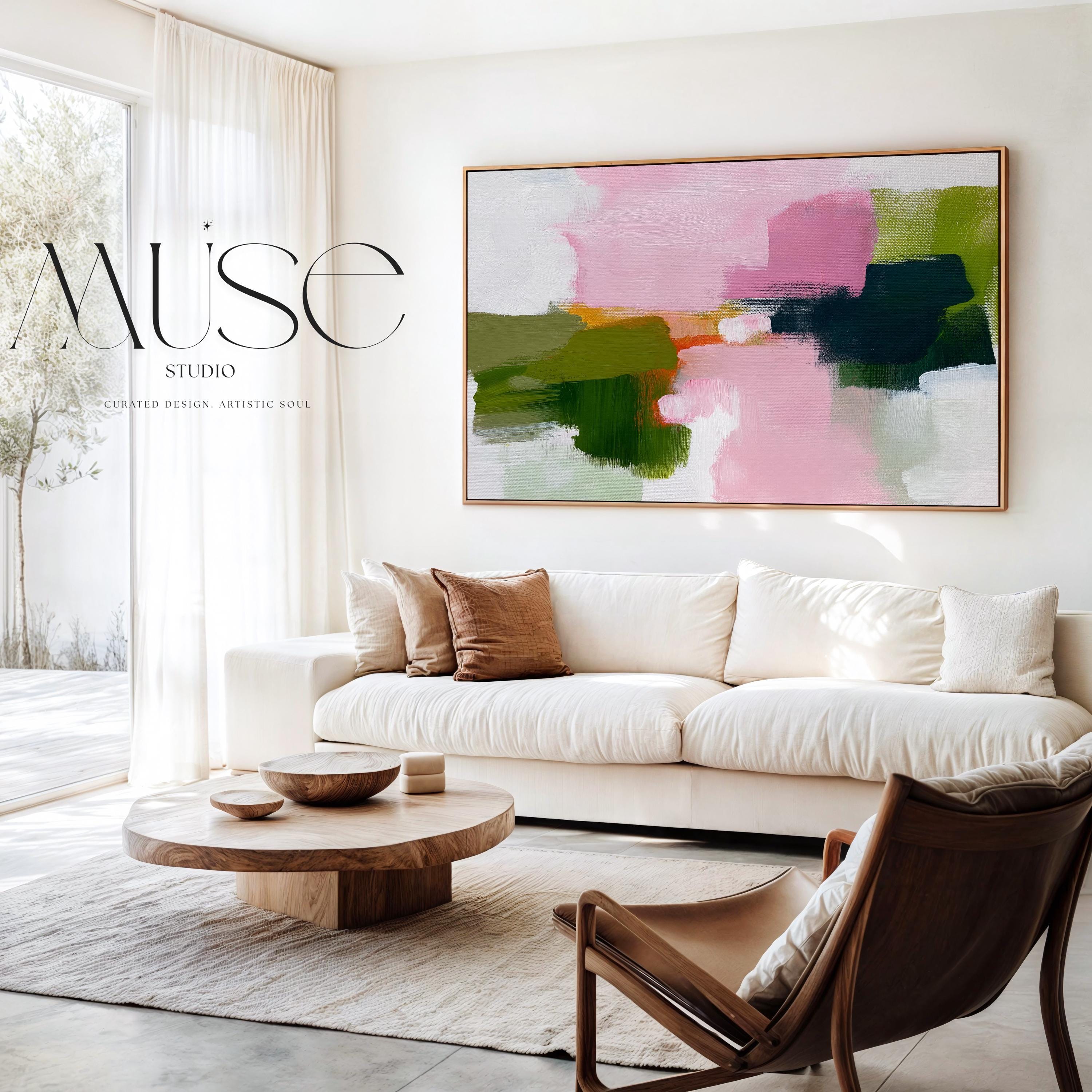 Abstract canvas wall art by Muse Studio featuring blush pink and soft green tones in a minimal horizontal composition, printed with museum-grade giclée inks on premium gallery-wrapped artist canvas for living room or bedroom decor 316