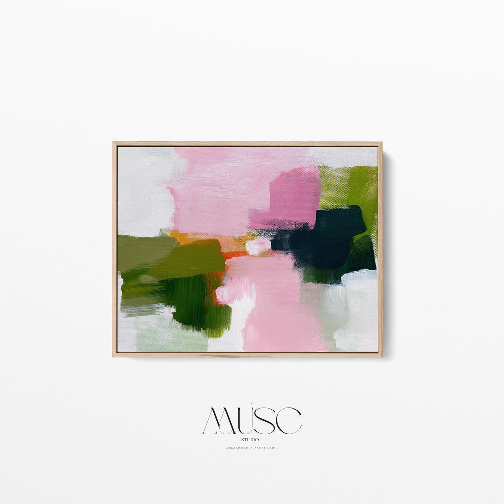 Abstract canvas wall art by Muse Studio featuring blush pink and soft green tones in a minimal horizontal composition, printed with museum-grade giclée inks on premium gallery-wrapped artist canvas for living room or bedroom decor 316