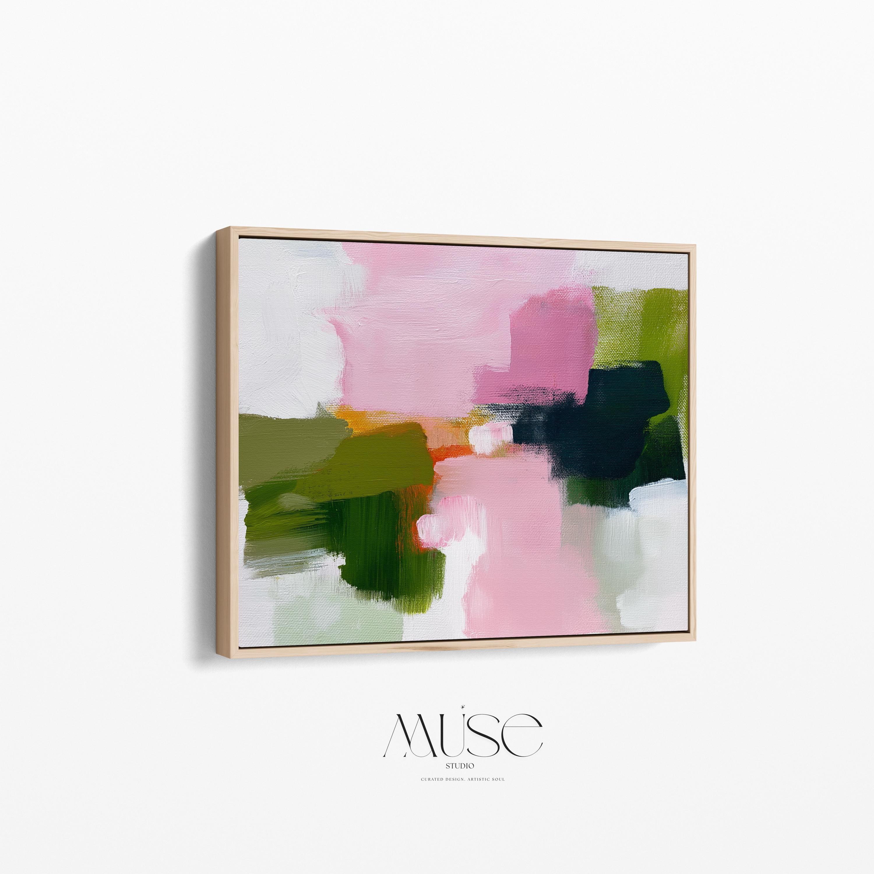 Abstract canvas wall art by Muse Studio featuring blush pink and soft green tones in a minimal horizontal composition, printed with museum-grade giclée inks on premium gallery-wrapped artist canvas for living room or bedroom decor 316