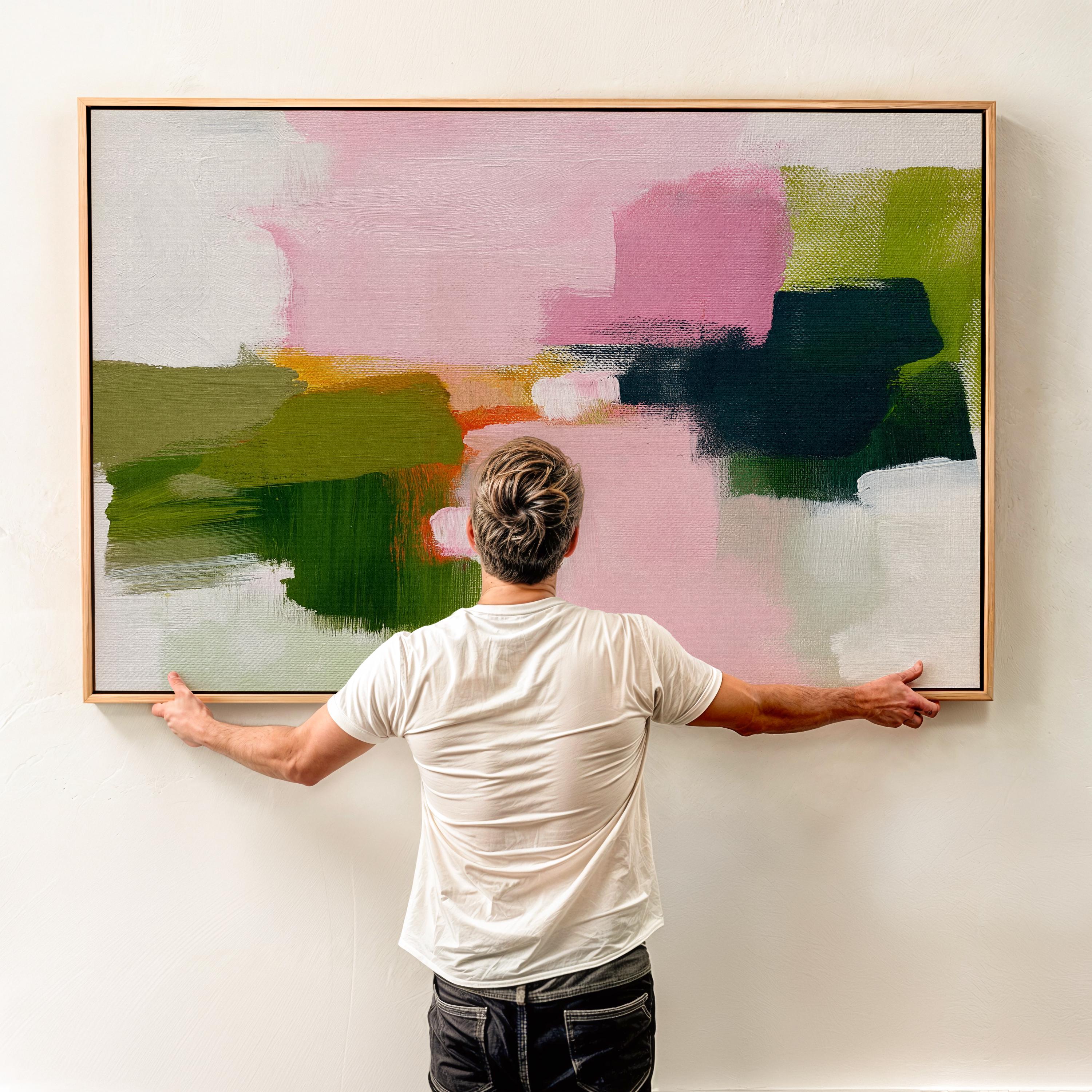 Abstract canvas wall art by Muse Studio featuring blush pink and soft green tones in a minimal horizontal composition, printed with museum-grade giclée inks on premium gallery-wrapped artist canvas for living room or bedroom decor 316