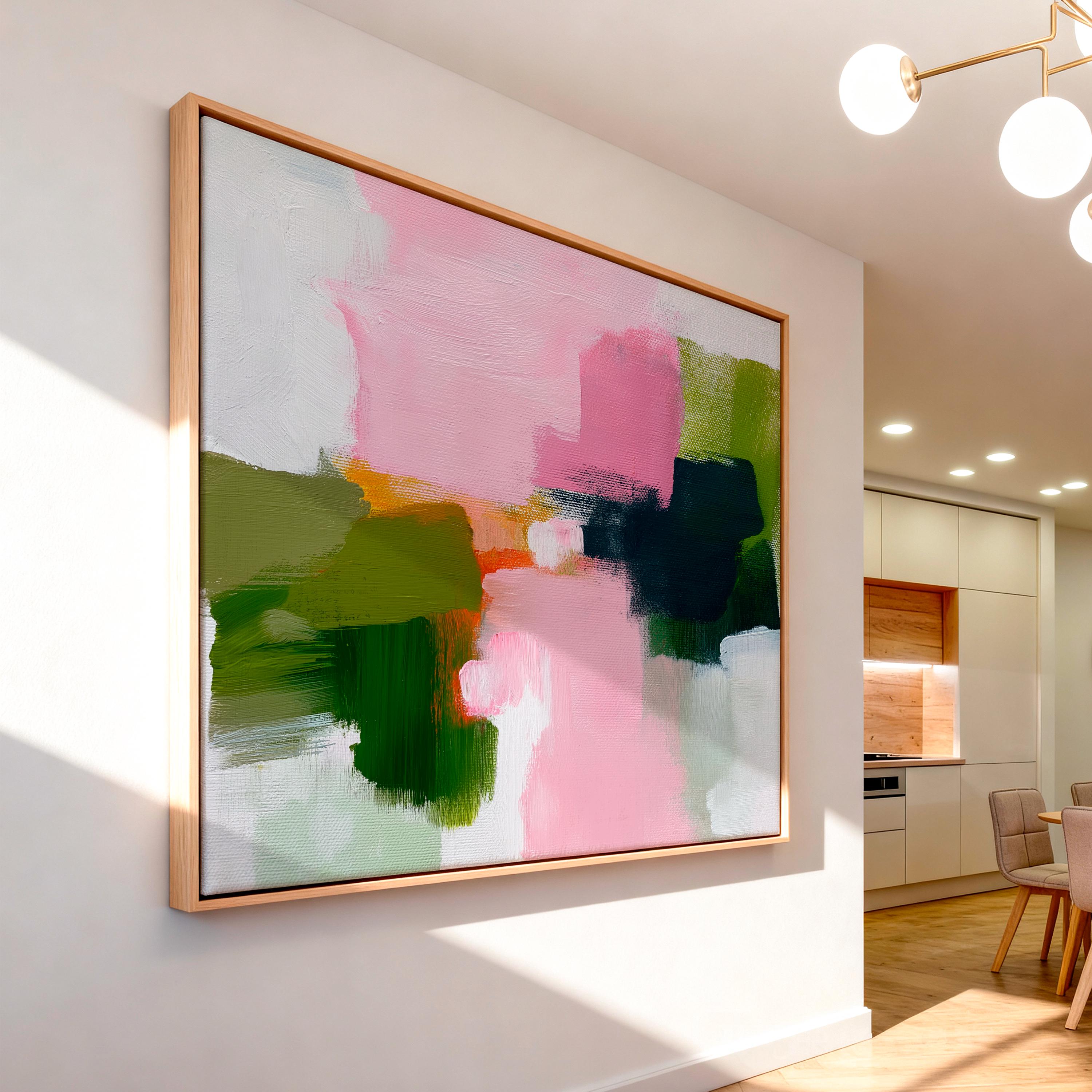 Abstract canvas wall art by Muse Studio featuring blush pink and soft green tones in a minimal horizontal composition, printed with museum-grade giclée inks on premium gallery-wrapped artist canvas for living room or bedroom decor 316