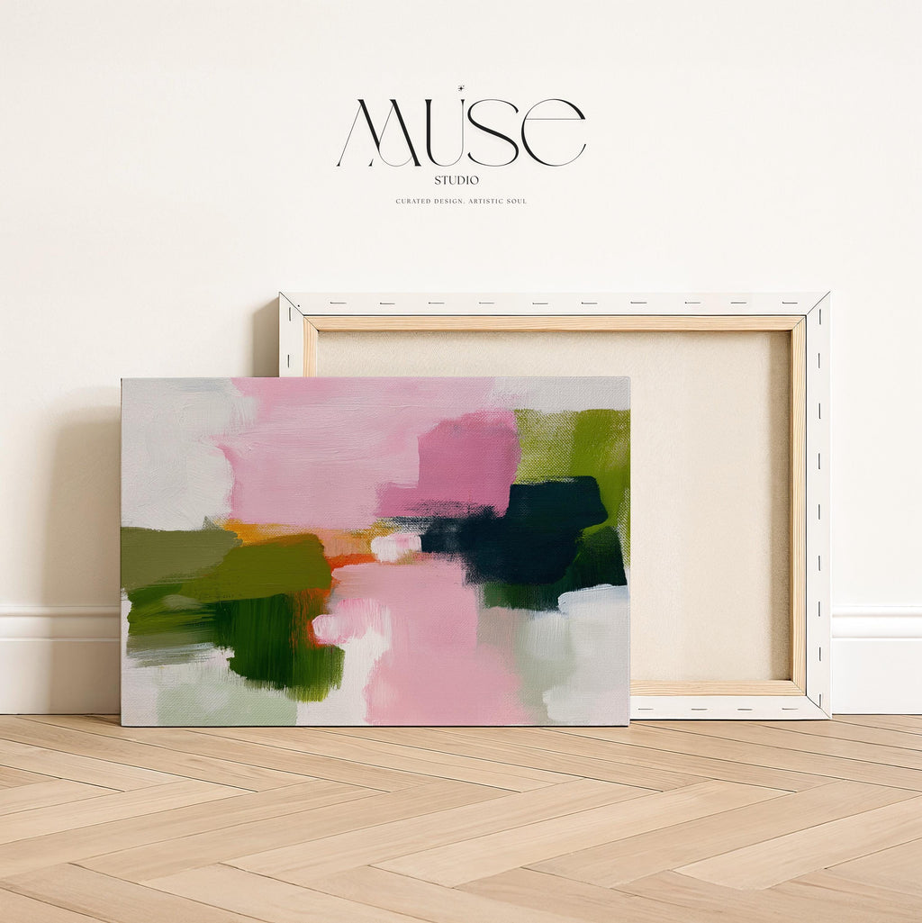 Abstract canvas wall art by Muse Studio featuring blush pink and muted green tones in a minimal horizontal composition, printed with museum-grade giclée inks on premium gallery-wrapped artist canvas for modern office or workspace decor 316