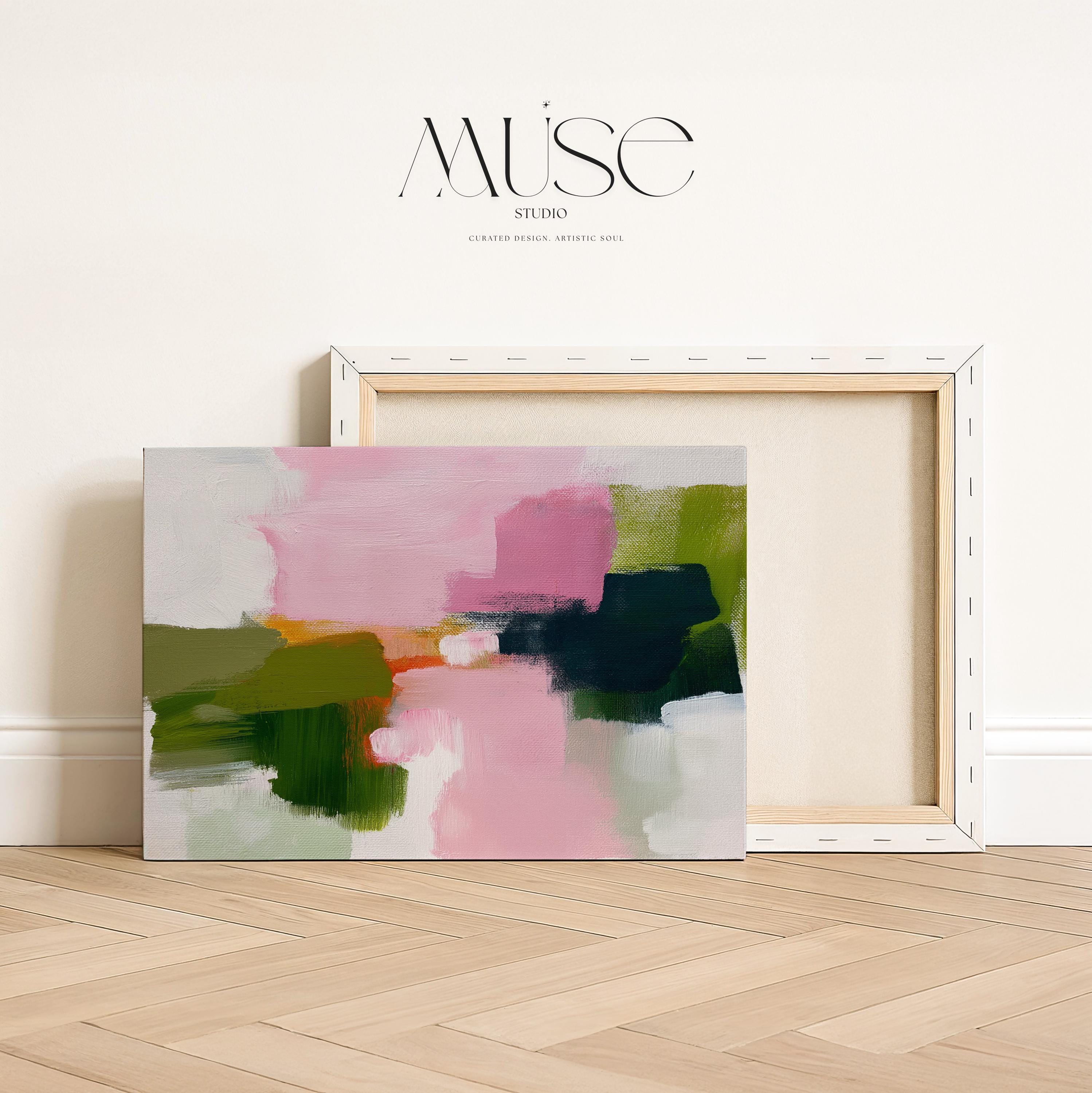 Abstract canvas wall art by Muse Studio featuring blush pink and muted green tones in a minimal horizontal composition, printed with museum-grade giclée inks on premium gallery-wrapped artist canvas for modern office or workspace decor 316