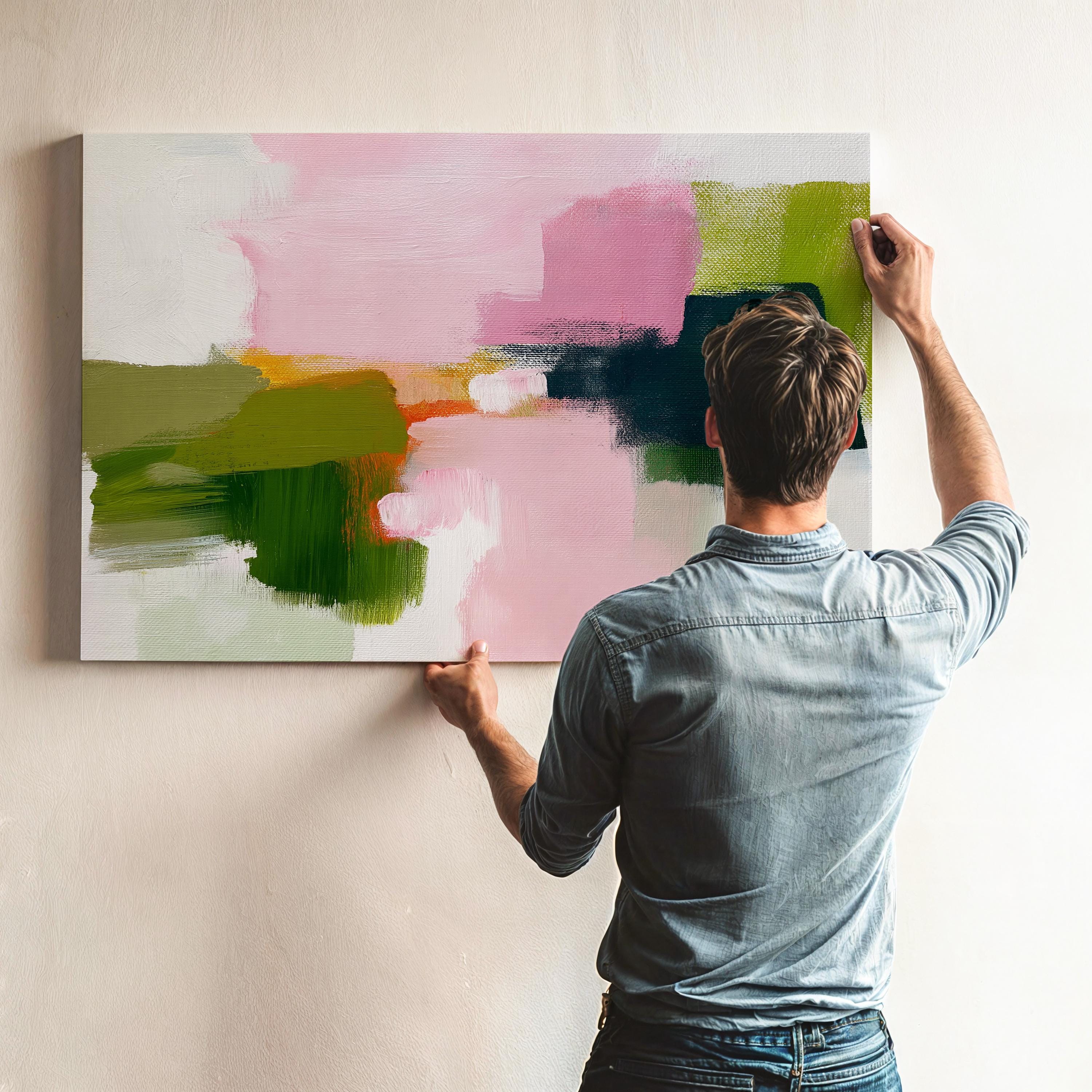 Abstract canvas wall art by Muse Studio featuring blush pink and muted green tones in a minimal horizontal composition, printed with museum-grade giclée inks on premium gallery-wrapped artist canvas for modern office or workspace decor 316