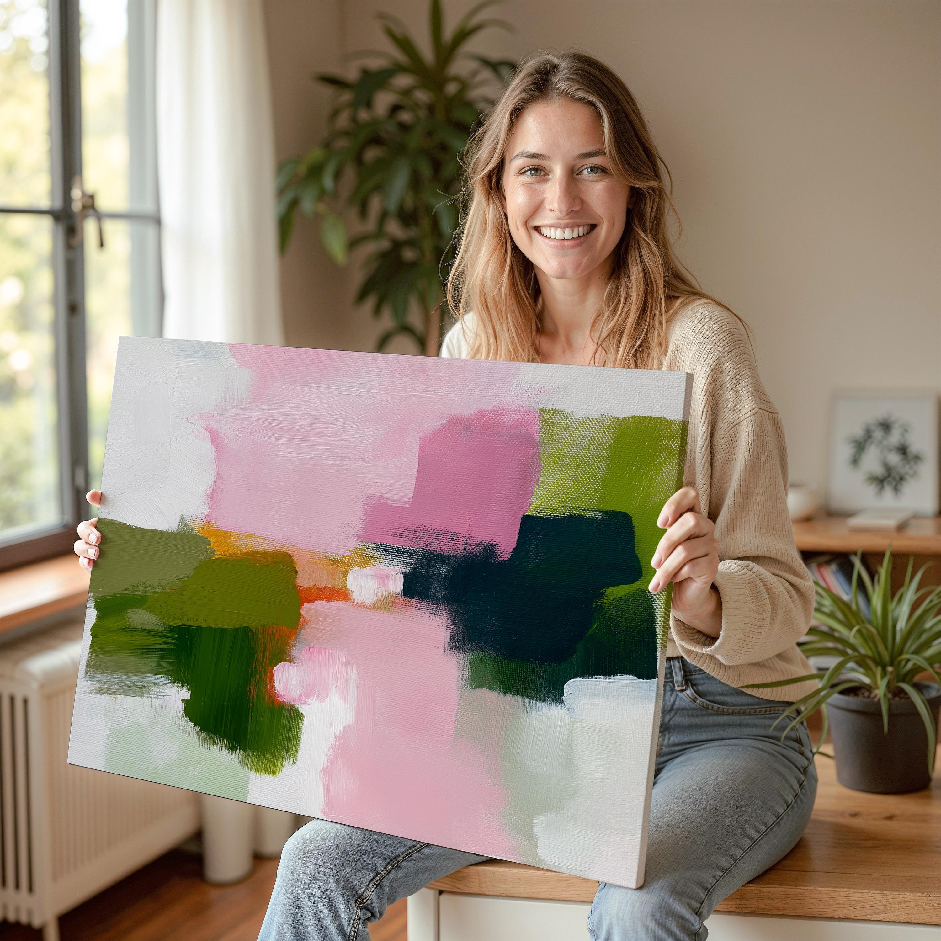 Abstract canvas wall art by Muse Studio featuring blush pink and muted green tones in a minimal horizontal composition, printed with museum-grade giclée inks on premium gallery-wrapped artist canvas for modern office or workspace decor 316