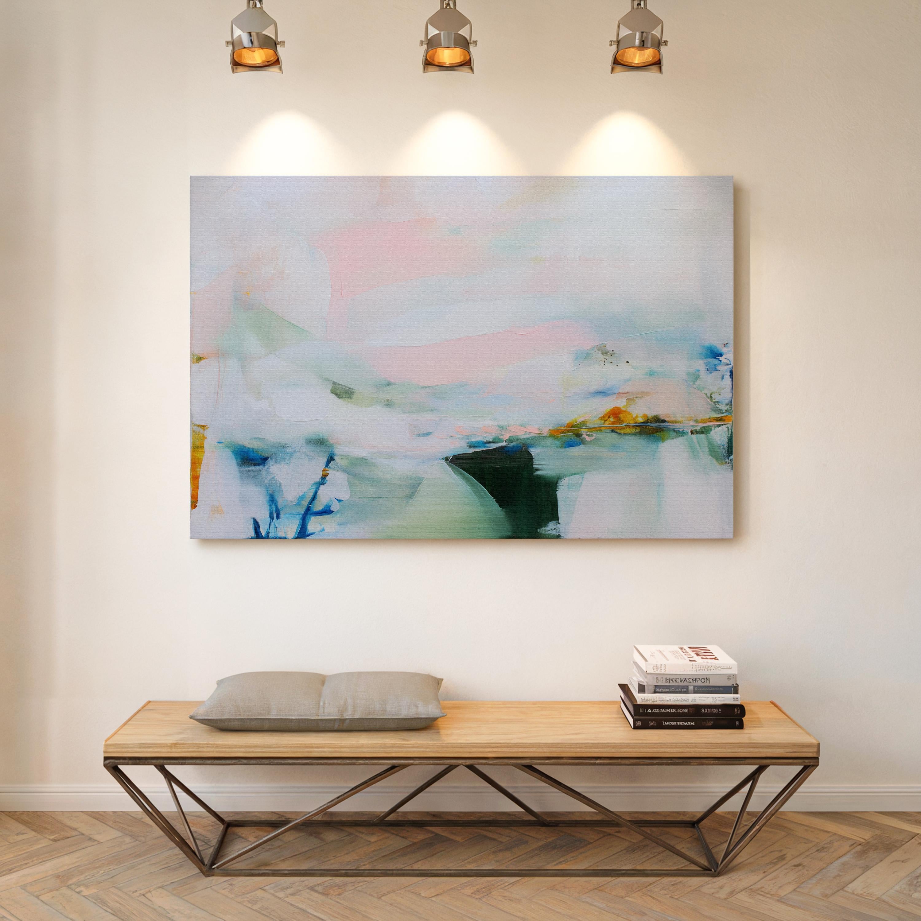 Large abstract canvas wall art by Muse Studio in lilac, blush pink, and blue pastel tones, horizontal modern painting printed on premium gallery-wrapped artist canvas with museum-grade giclée inks for bedroom or living room