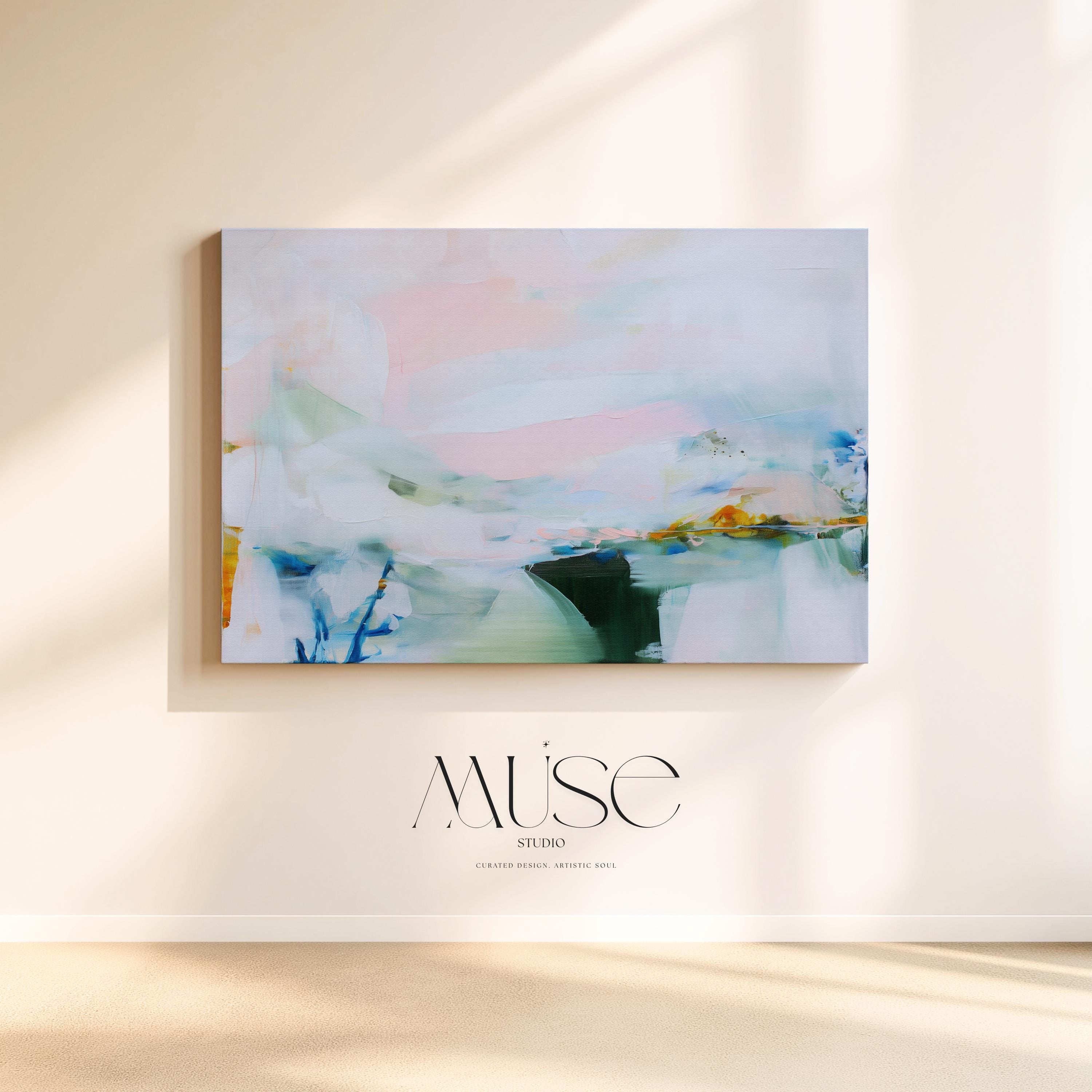 Large abstract canvas wall art by Muse Studio in lilac, blush pink, and blue pastel tones, horizontal modern painting printed on premium gallery-wrapped artist canvas with museum-grade giclée inks for bedroom or living room