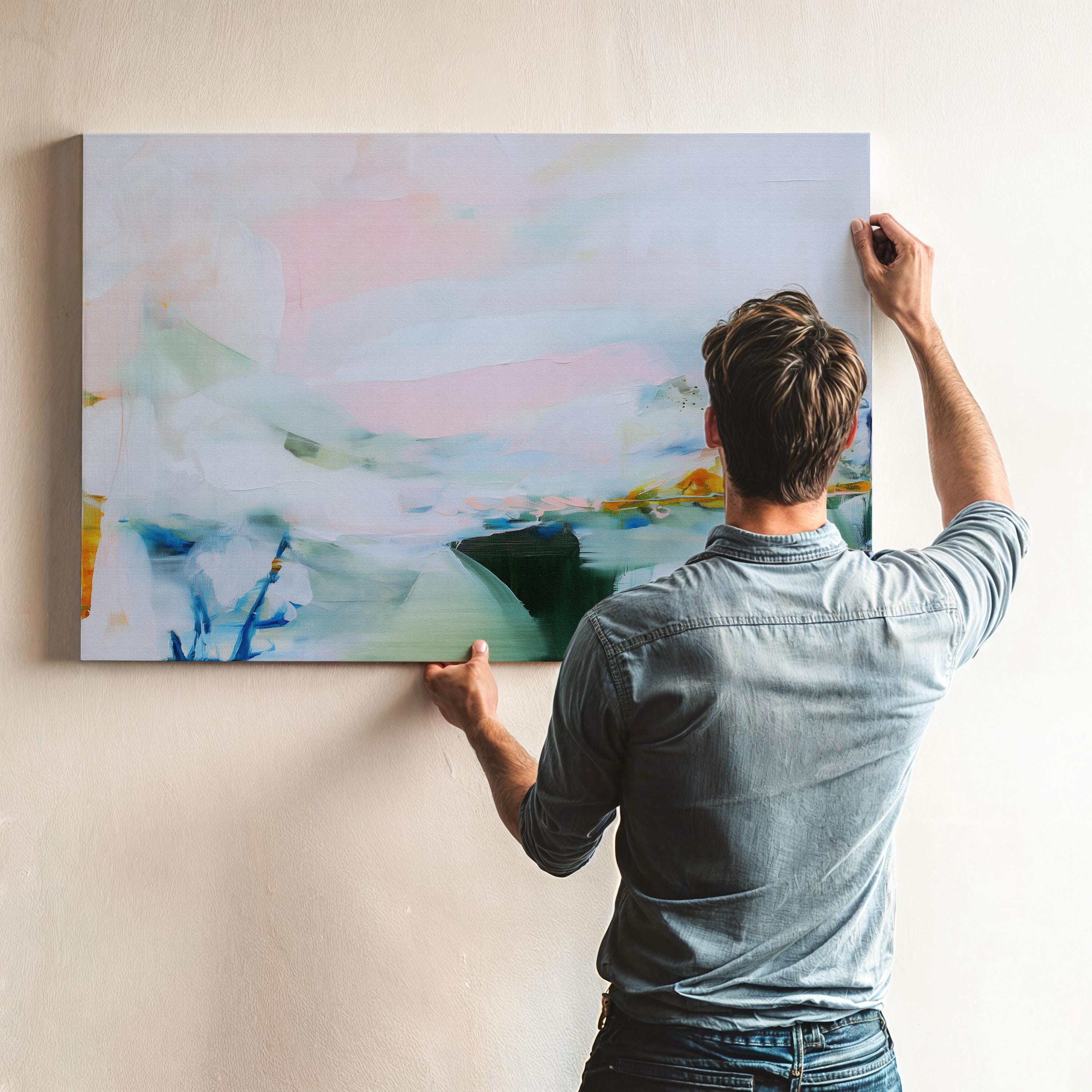 Large abstract canvas wall art by Muse Studio in lilac, blush pink, and blue pastel tones, horizontal modern painting printed on premium gallery-wrapped artist canvas with museum-grade giclée inks for bedroom or living room
