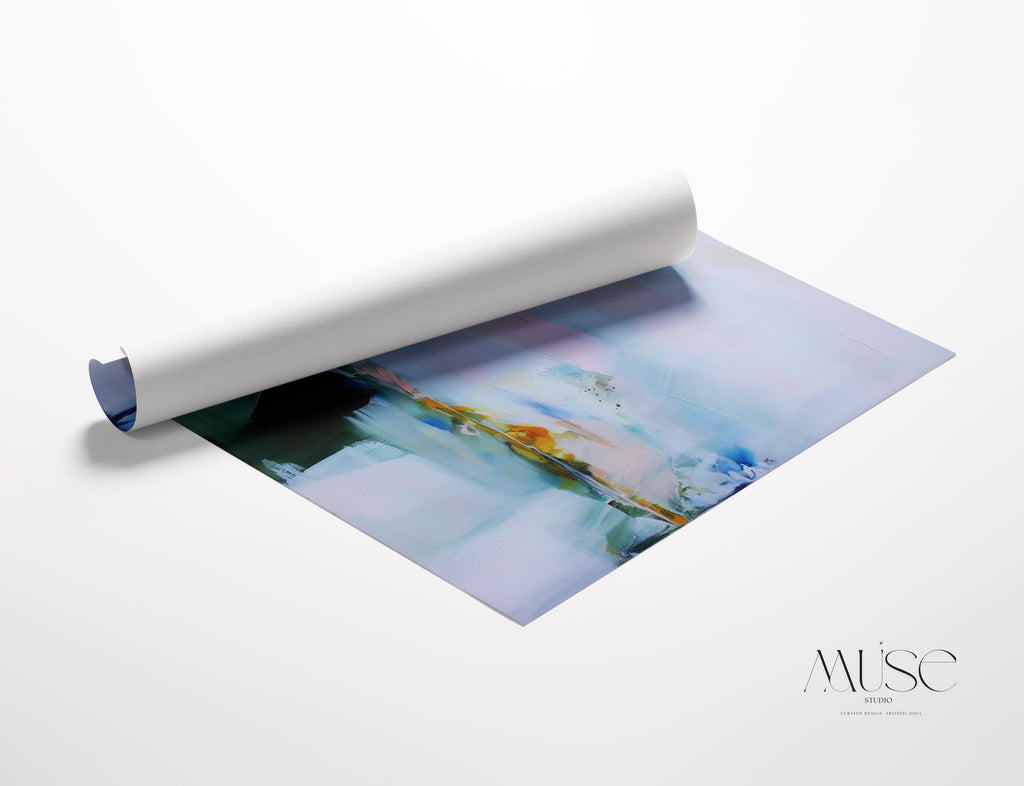 Large abstract canvas wall art by Muse Studio in lilac, blush pink, and blue pastel tones, horizontal modern painting printed on premium gallery-wrapped artist canvas with museum-grade giclée inks for bedroom or living room