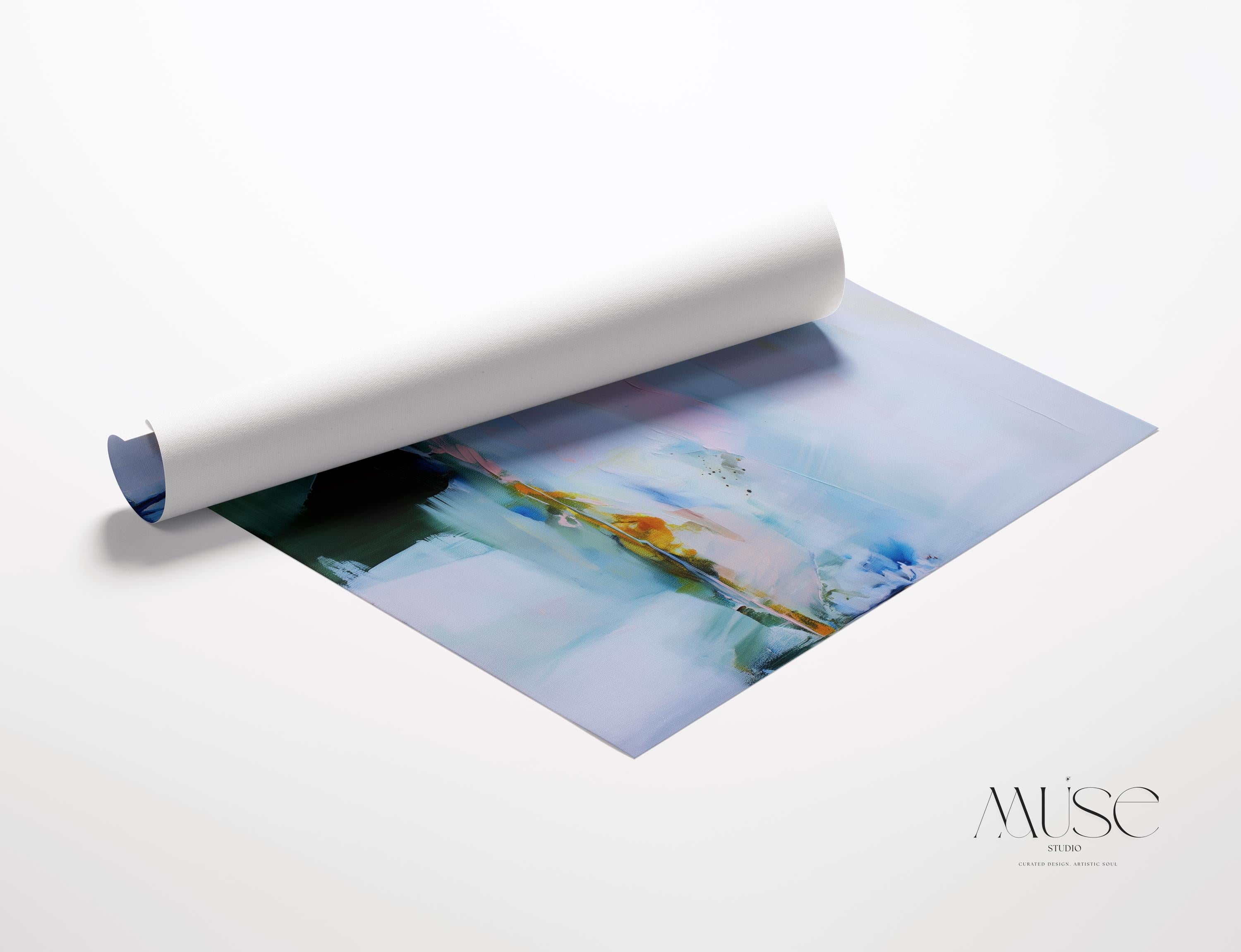 Large abstract canvas wall art by Muse Studio in lilac, blush pink, and blue pastel tones, horizontal modern painting printed on premium gallery-wrapped artist canvas with museum-grade giclée inks for bedroom or living room