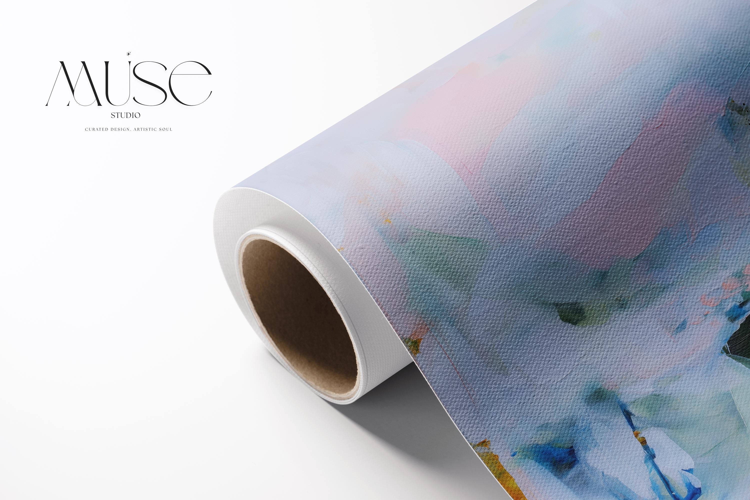 Large abstract canvas wall art by Muse Studio in lilac, blush pink, and blue pastel tones, horizontal modern painting printed on premium gallery-wrapped artist canvas with museum-grade giclée inks for bedroom or living room