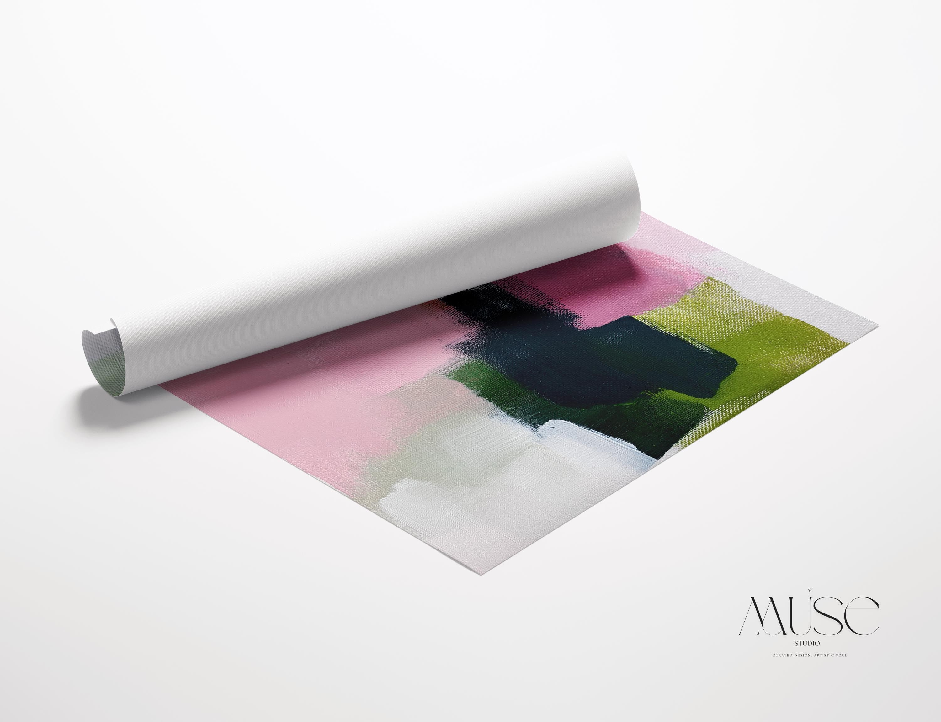 Abstract canvas wall art by Muse Studio featuring blush pink and muted green tones in a minimal horizontal composition, printed with museum-grade giclée inks on premium gallery-wrapped artist canvas for modern office or workspace decor 316