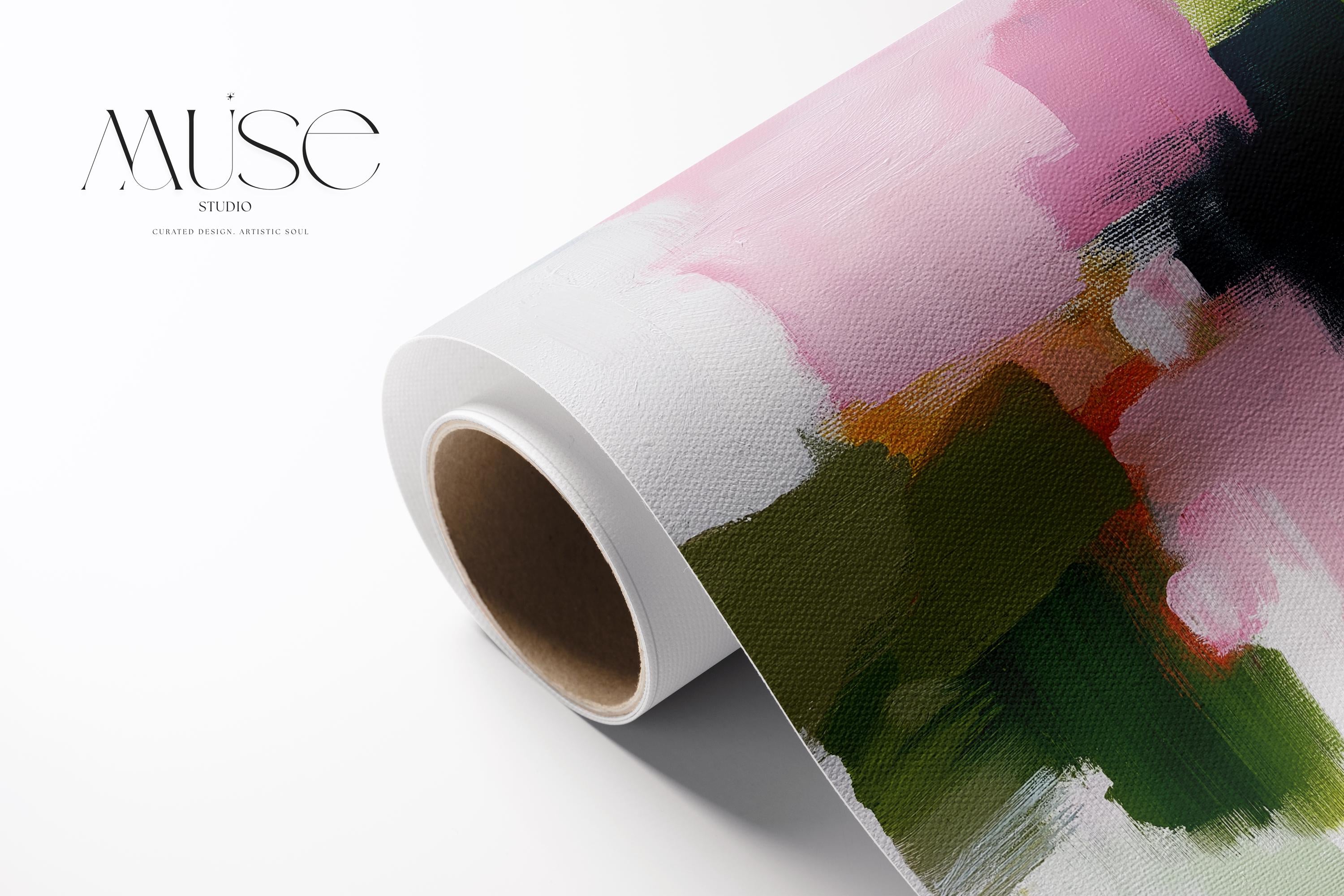 Abstract canvas wall art by Muse Studio featuring blush pink and muted green tones in a minimal horizontal composition, printed with museum-grade giclée inks on premium gallery-wrapped artist canvas for modern office or workspace decor 316