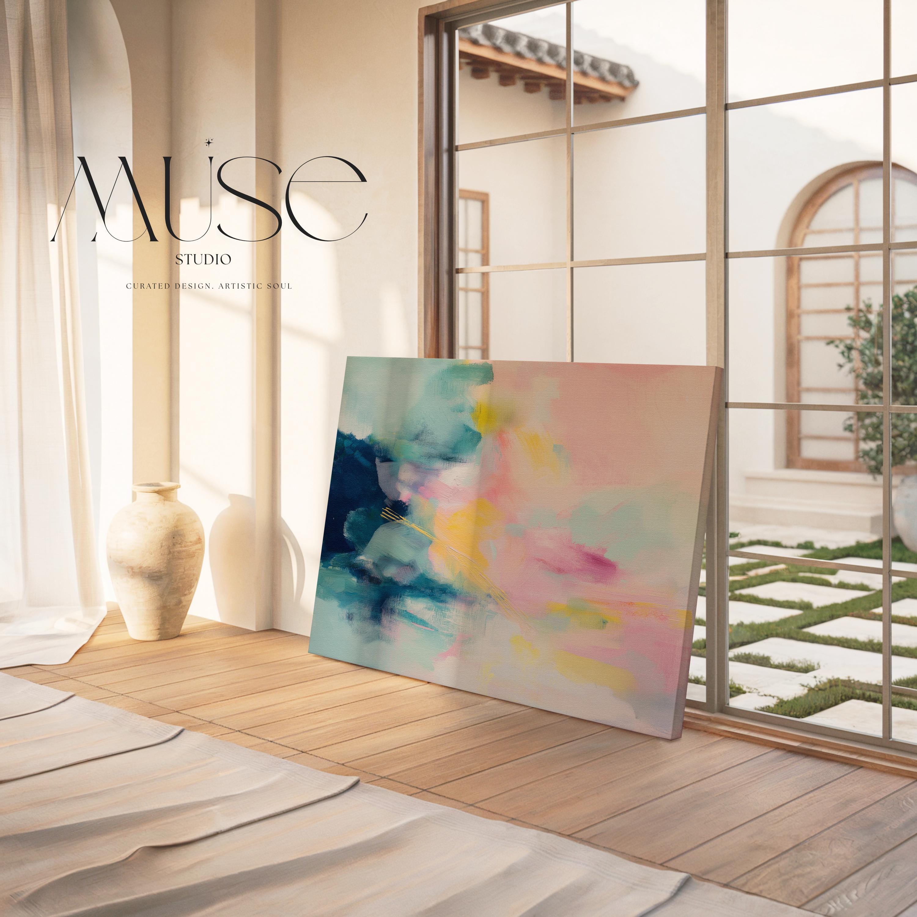 Large abstract canvas wall art by Muse Studio featuring pastel pink, teal, and yellow tones in a horizontal modern composition, printed with museum-grade giclée inks on premium gallery-wrapped artist canvas for bedroom or living room decor