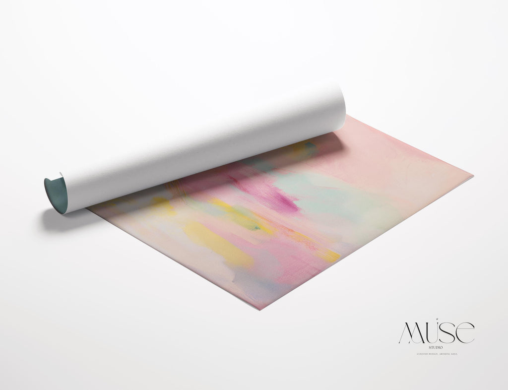 Large abstract canvas wall art by Muse Studio featuring pastel pink, teal, and yellow tones in a horizontal modern composition, printed with museum-grade giclée inks on premium gallery-wrapped artist canvas for bedroom or living room decor