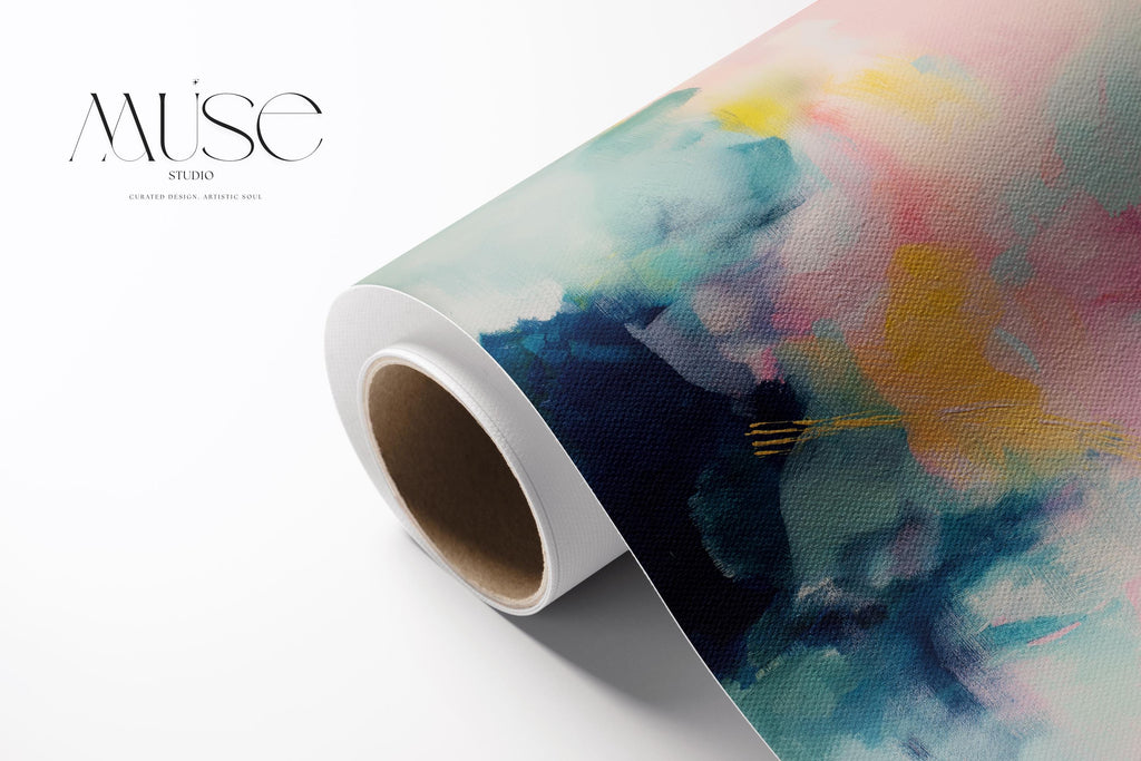 Large abstract canvas wall art by Muse Studio featuring pastel pink, teal, and yellow tones in a horizontal modern composition, printed with museum-grade giclée inks on premium gallery-wrapped artist canvas for bedroom or living room decor