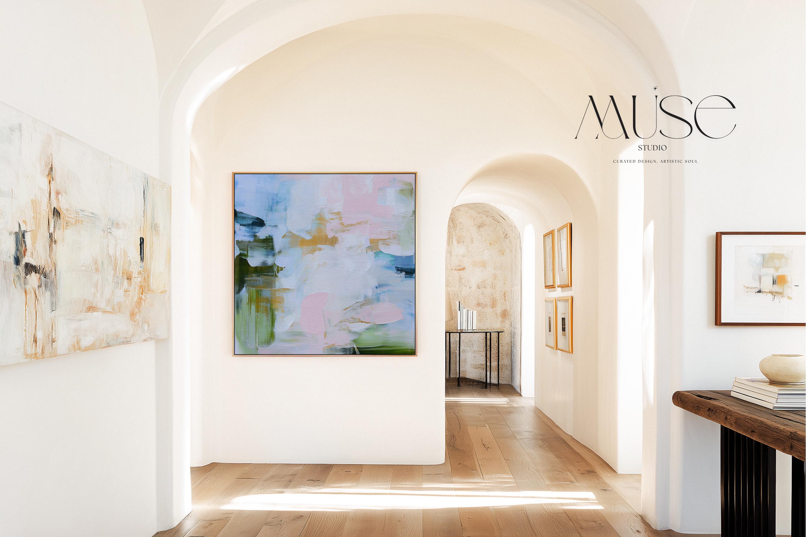 Large square Framed Abstract Canvas Wall Art in blush pink, sky blue, sage green and soft gold accents, Muse Studio Morning Mist 1060, premium gallery-wrapped giclée canvas in natural wood float frame for living room or bedroom styling