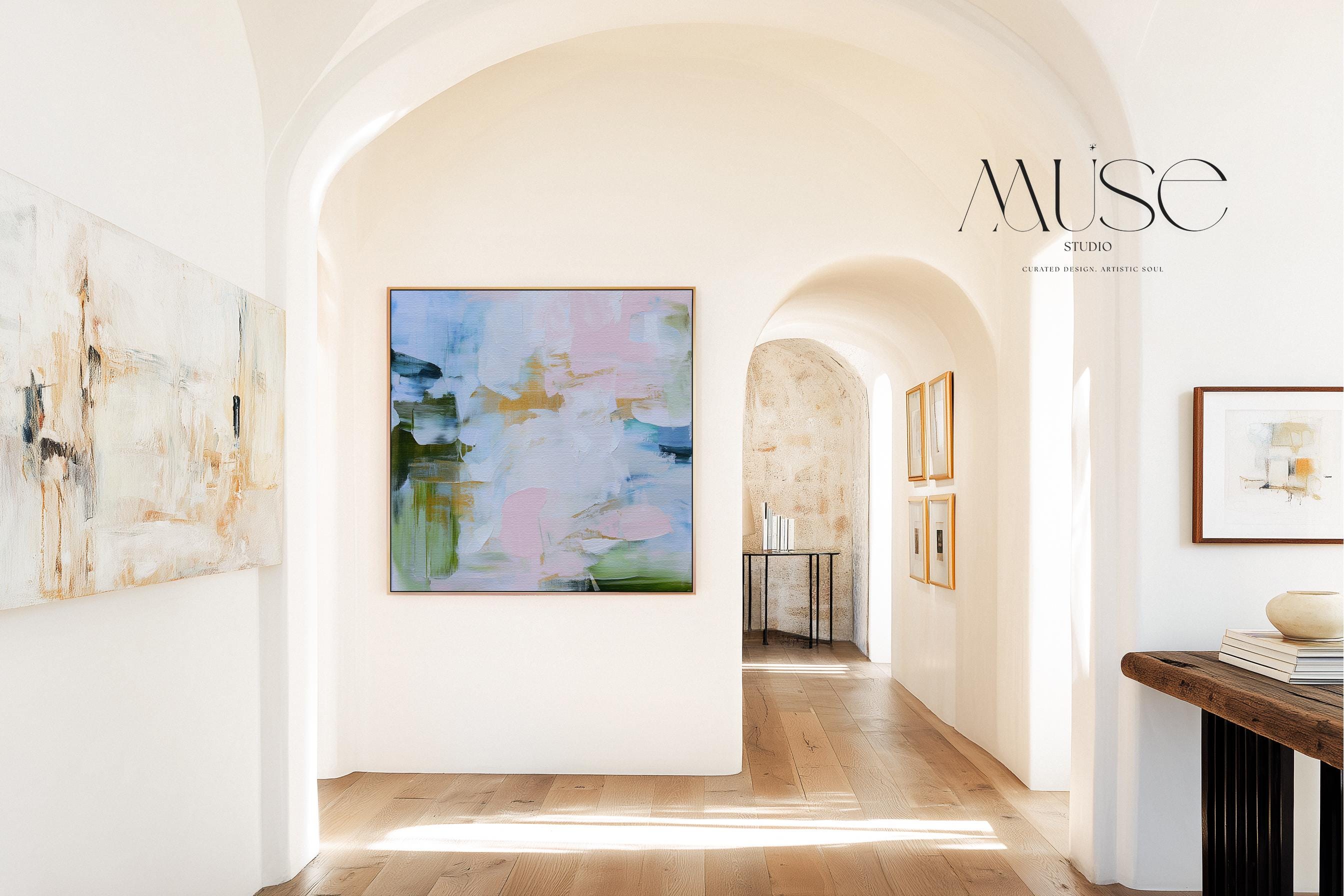 Large square Framed Abstract Canvas Wall Art in blush pink, sky blue, sage green and soft gold accents, Muse Studio Morning Mist 1060, premium gallery-wrapped giclée canvas in natural wood float frame for living room or bedroom styling