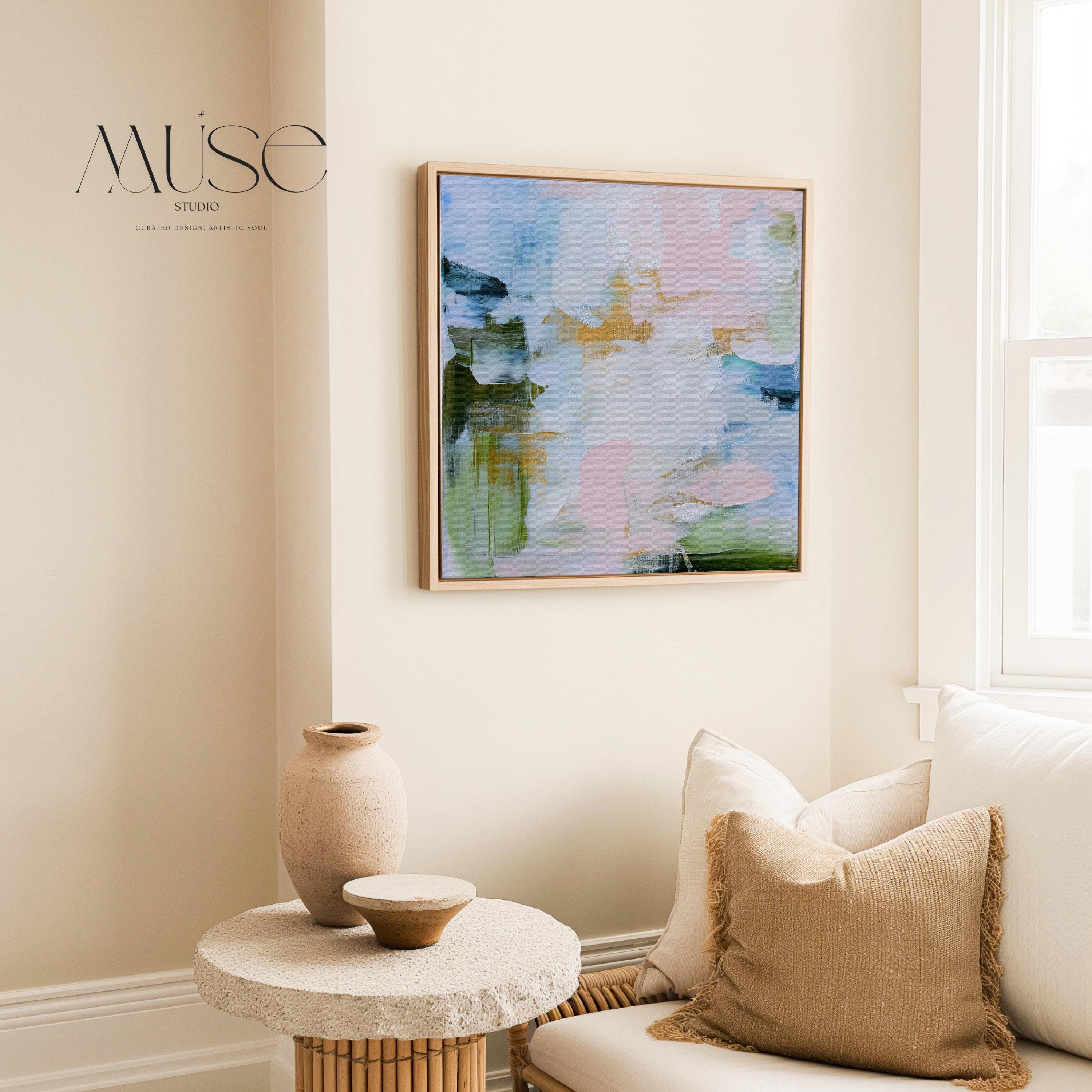 Large square Framed Abstract Canvas Wall Art in blush pink, sky blue, sage green and soft gold accents, Muse Studio Morning Mist 1060, premium gallery-wrapped giclée canvas in natural wood float frame for living room or bedroom styling