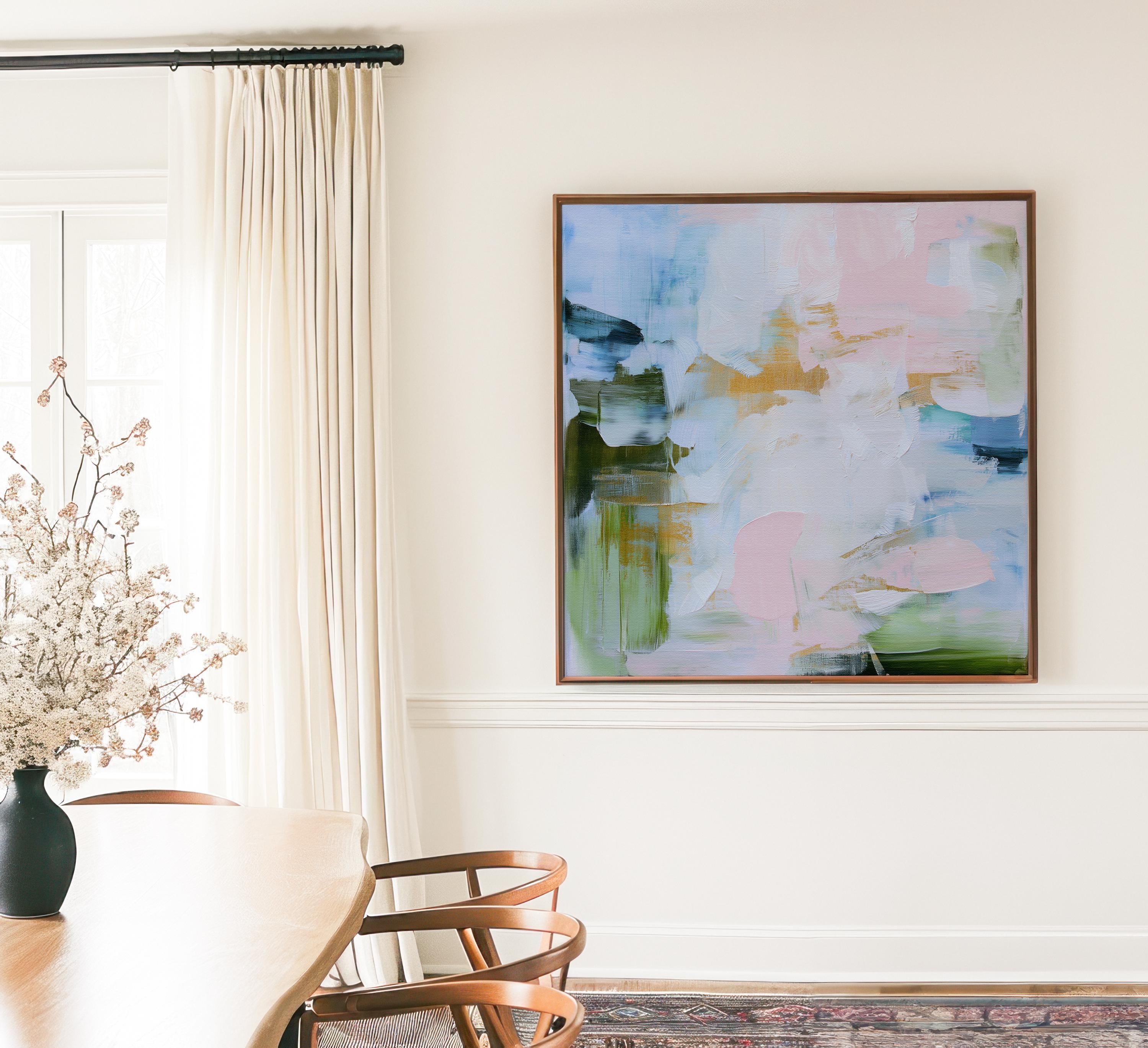 Large square Framed Abstract Canvas Wall Art in blush pink, sky blue, sage green and soft gold accents, Muse Studio Morning Mist 1060, premium gallery-wrapped giclée canvas in natural wood float frame for living room or bedroom styling