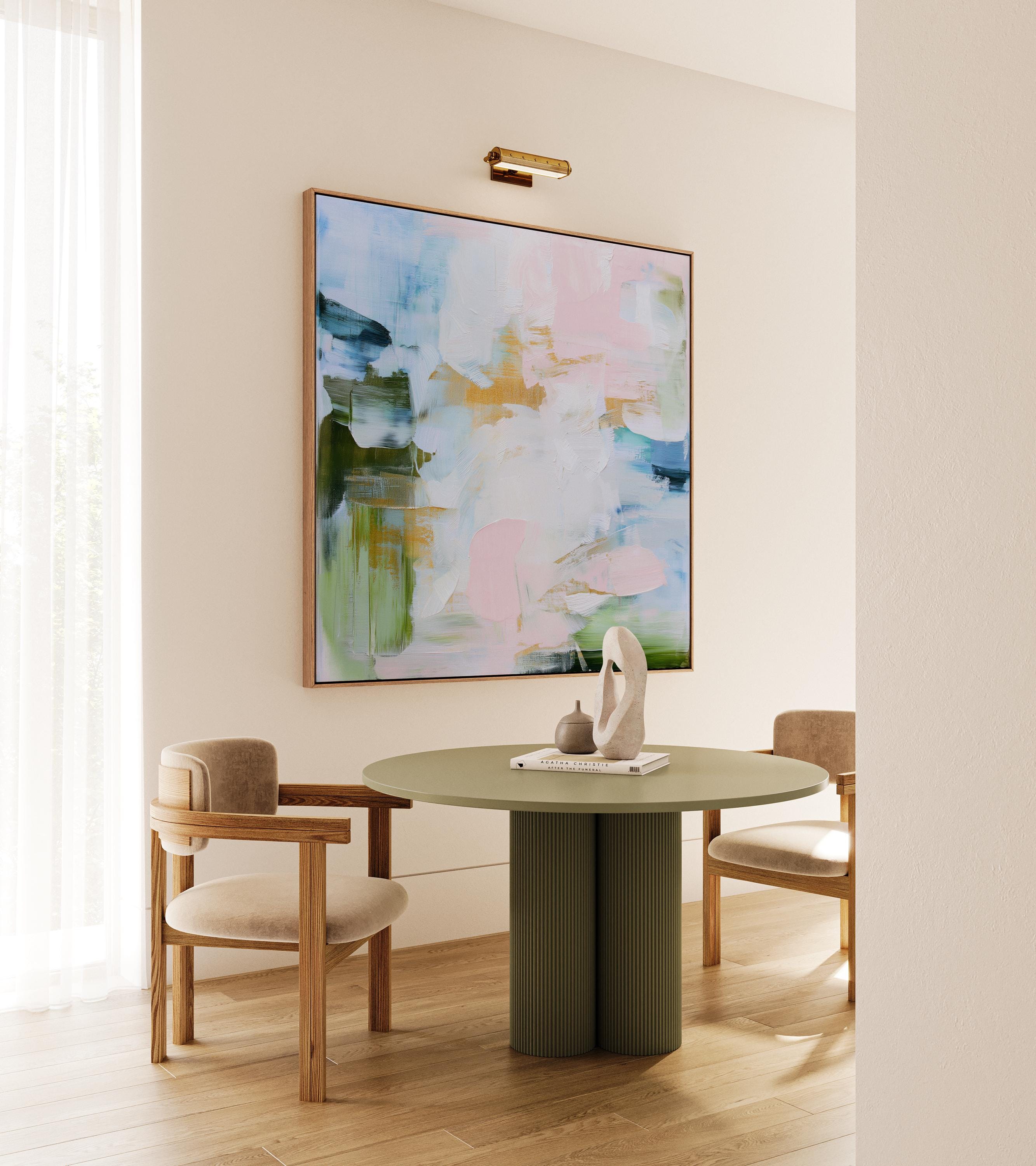 Large square Framed Abstract Canvas Wall Art in blush pink, sky blue, sage green and soft gold accents, Muse Studio Morning Mist 1060, premium gallery-wrapped giclée canvas in natural wood float frame for living room or bedroom styling