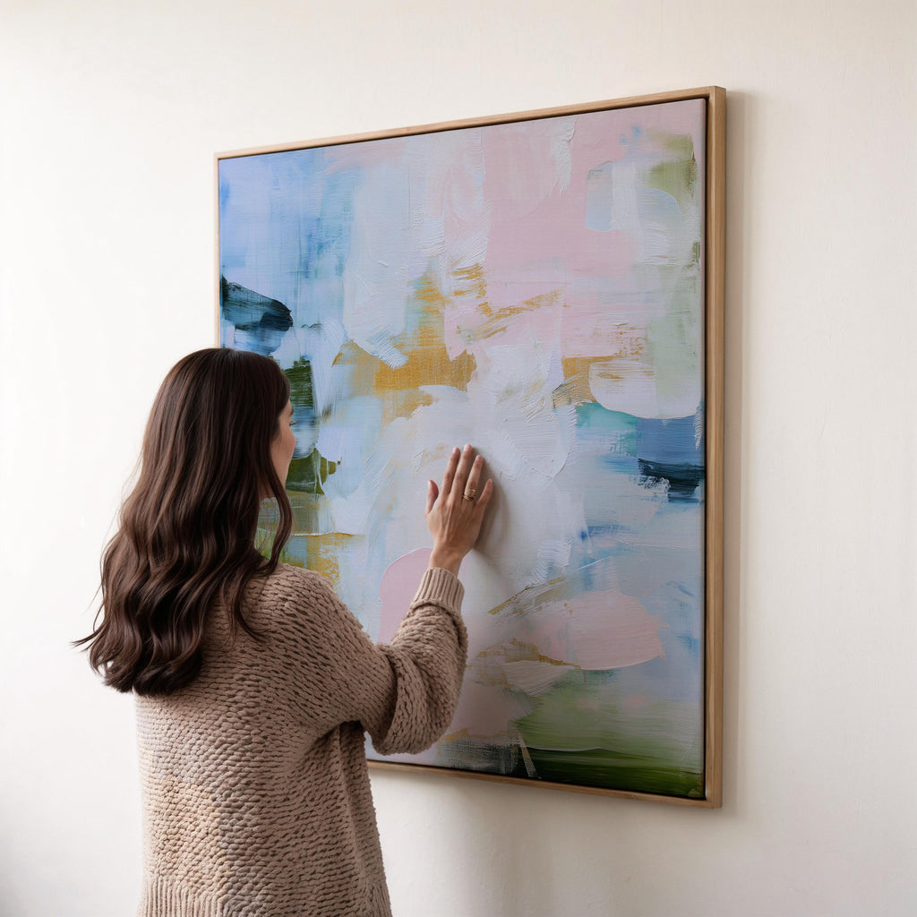 Large square Framed Abstract Canvas Wall Art in blush pink, sky blue, sage green and soft gold accents, Muse Studio Morning Mist 1060, premium gallery-wrapped giclée canvas in natural wood float frame for living room or bedroom styling