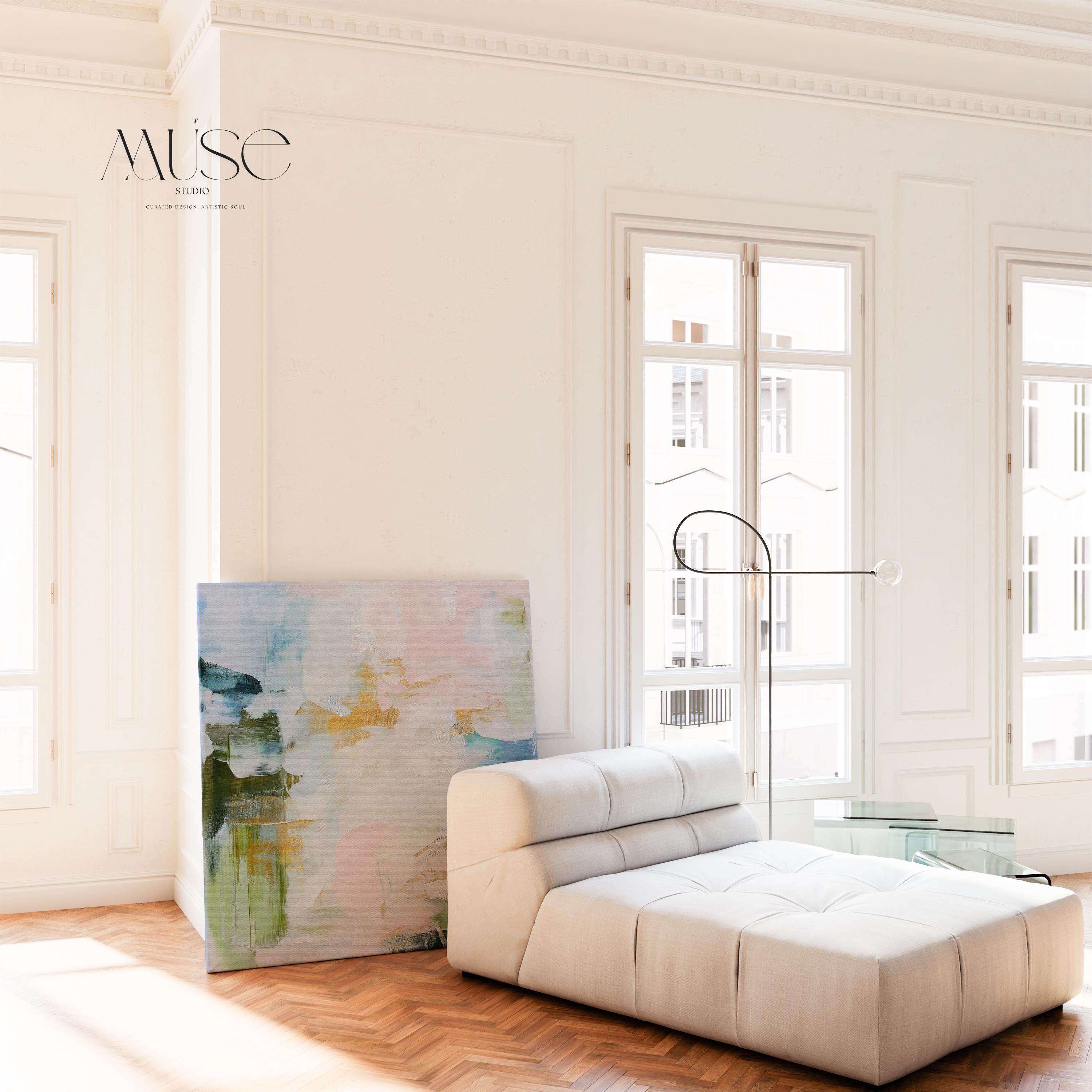 Horizontal abstract canvas wall art in blush pink, soft blue and sage green tones, Muse Studio Morning Mist 1060, museum-grade giclée print on premium gallery-wrapped artist canvas for living room, bedroom or office decor