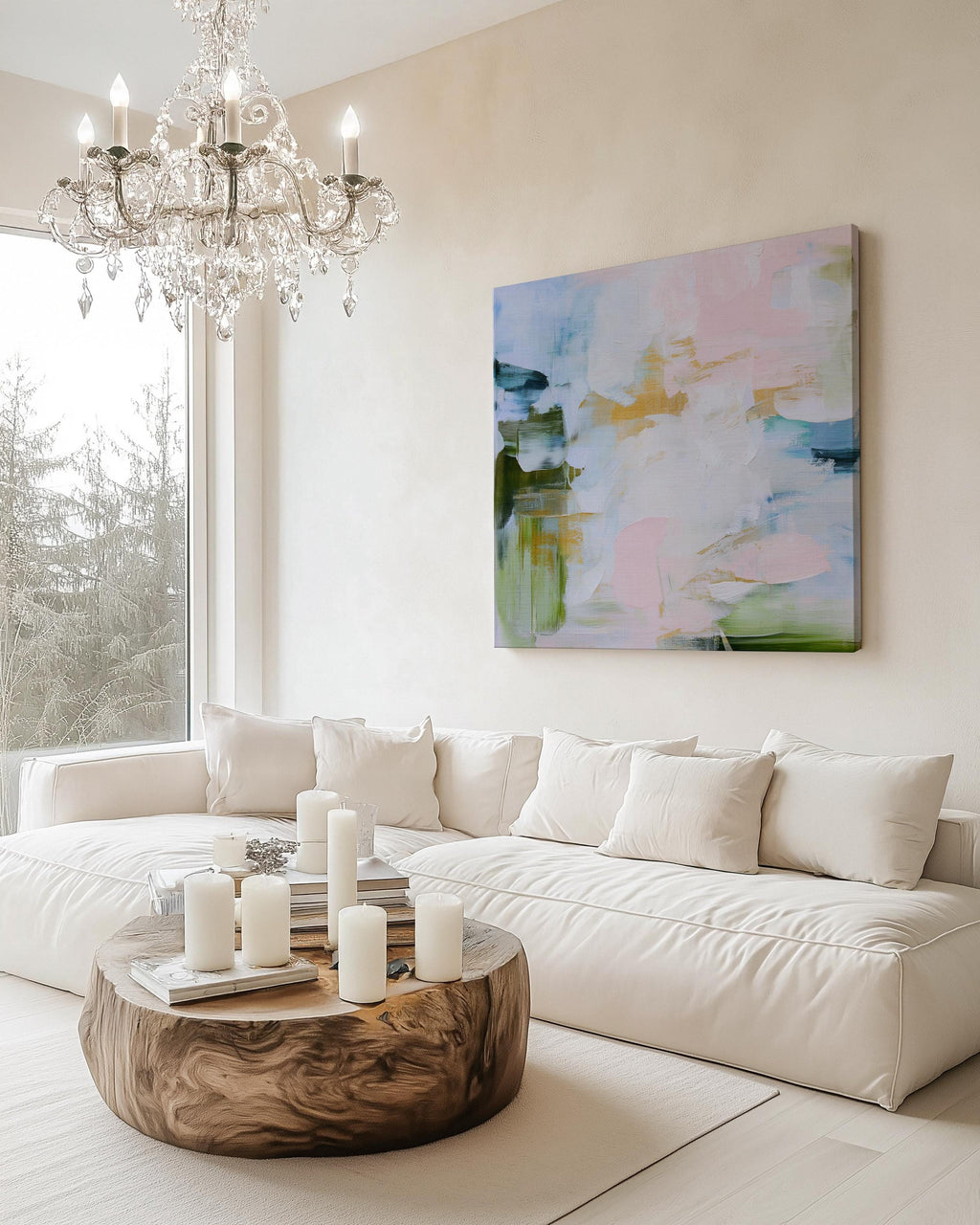 Horizontal abstract canvas wall art in blush pink, soft blue and sage green tones, Muse Studio Morning Mist 1060, museum-grade giclée print on premium gallery-wrapped artist canvas for living room, bedroom or office decor