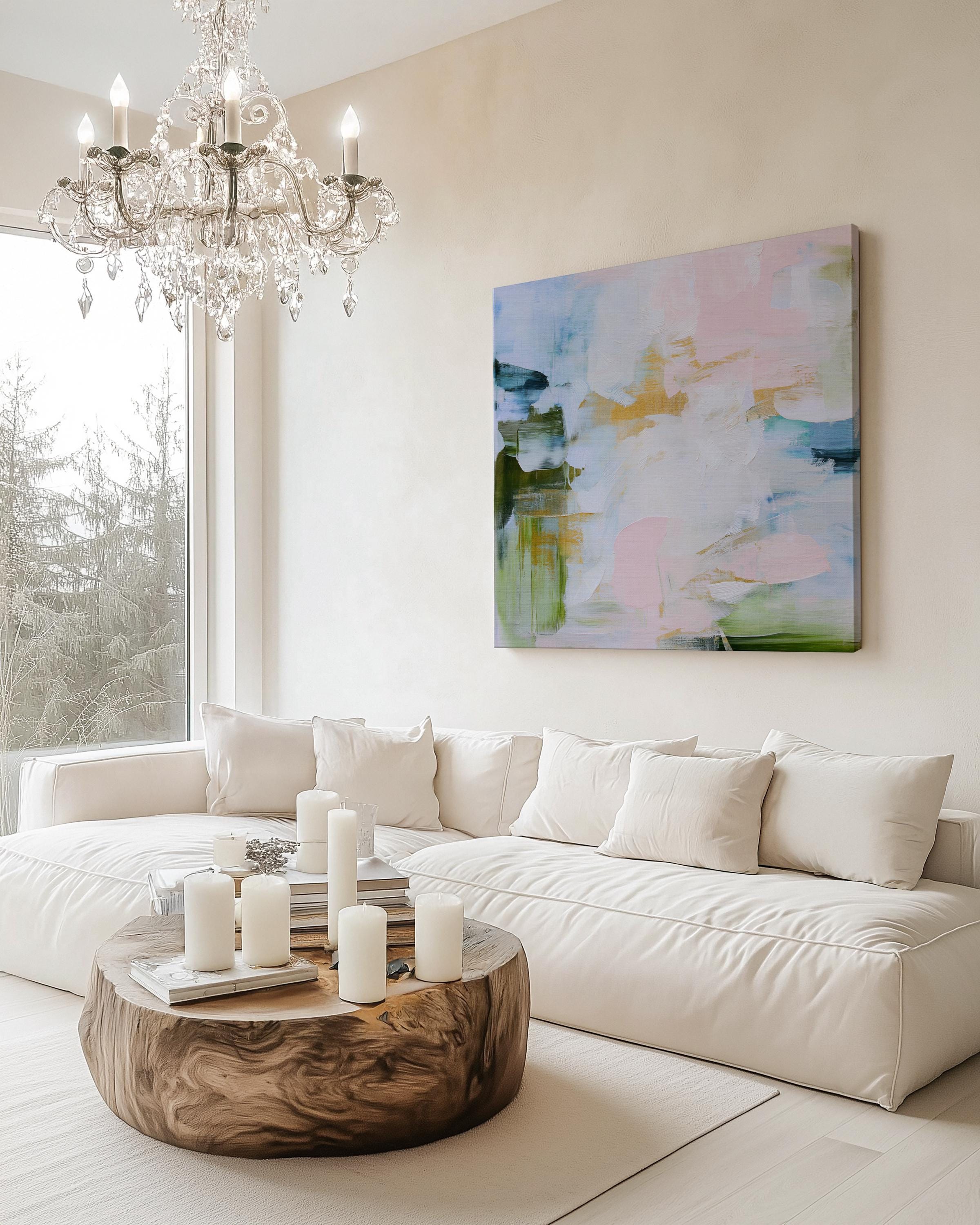 Horizontal abstract canvas wall art in blush pink, soft blue and sage green tones, Muse Studio Morning Mist 1060, museum-grade giclée print on premium gallery-wrapped artist canvas for living room, bedroom or office decor