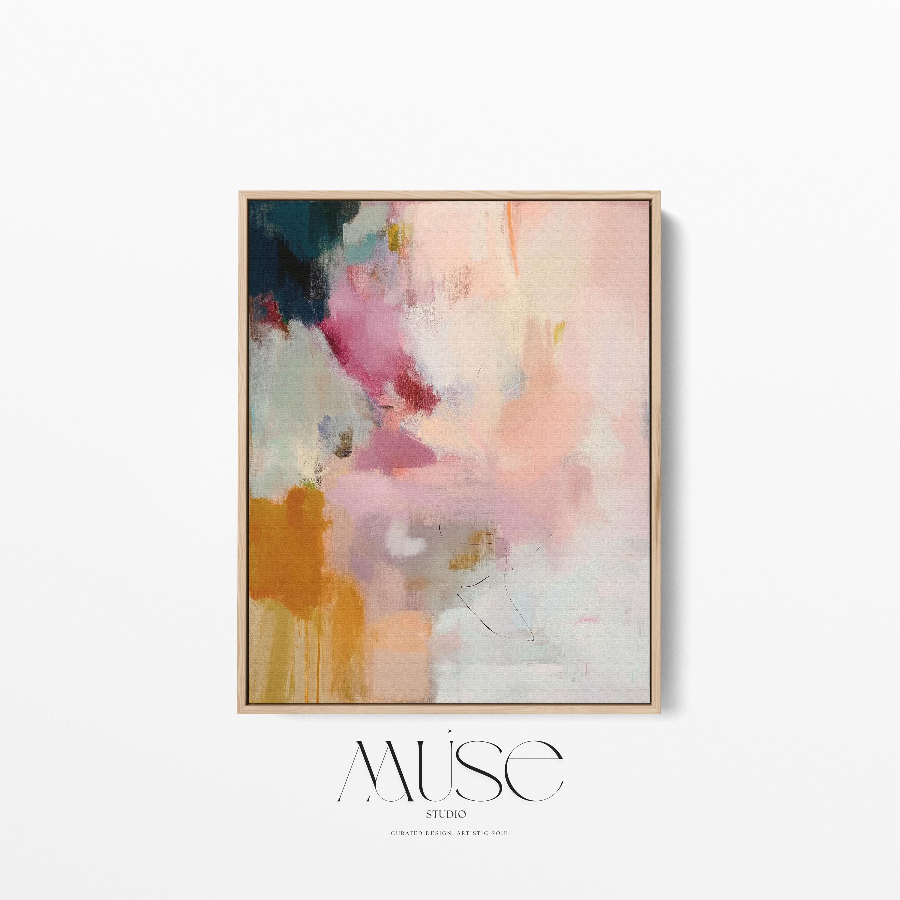 Desert Veil No. 1019 by Muse Studio & Co. vertical abstract wall art in blush coral ochre neutral tones printed with museum-grade giclée inks on premium canvas and framed in a natural wood float frame, styled in a warm modern living room.