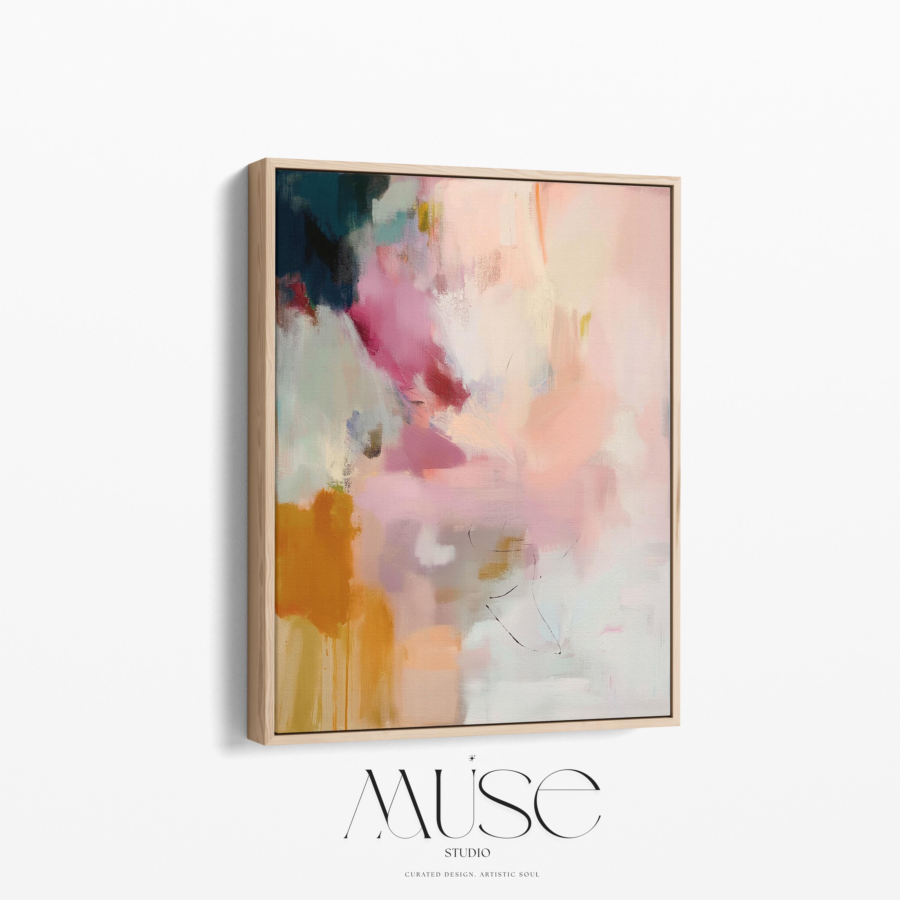 Desert Veil No. 1019 by Muse Studio & Co. vertical abstract wall art in blush coral ochre neutral tones printed with museum-grade giclée inks on premium canvas and framed in a natural wood float frame, styled in a warm modern living room.