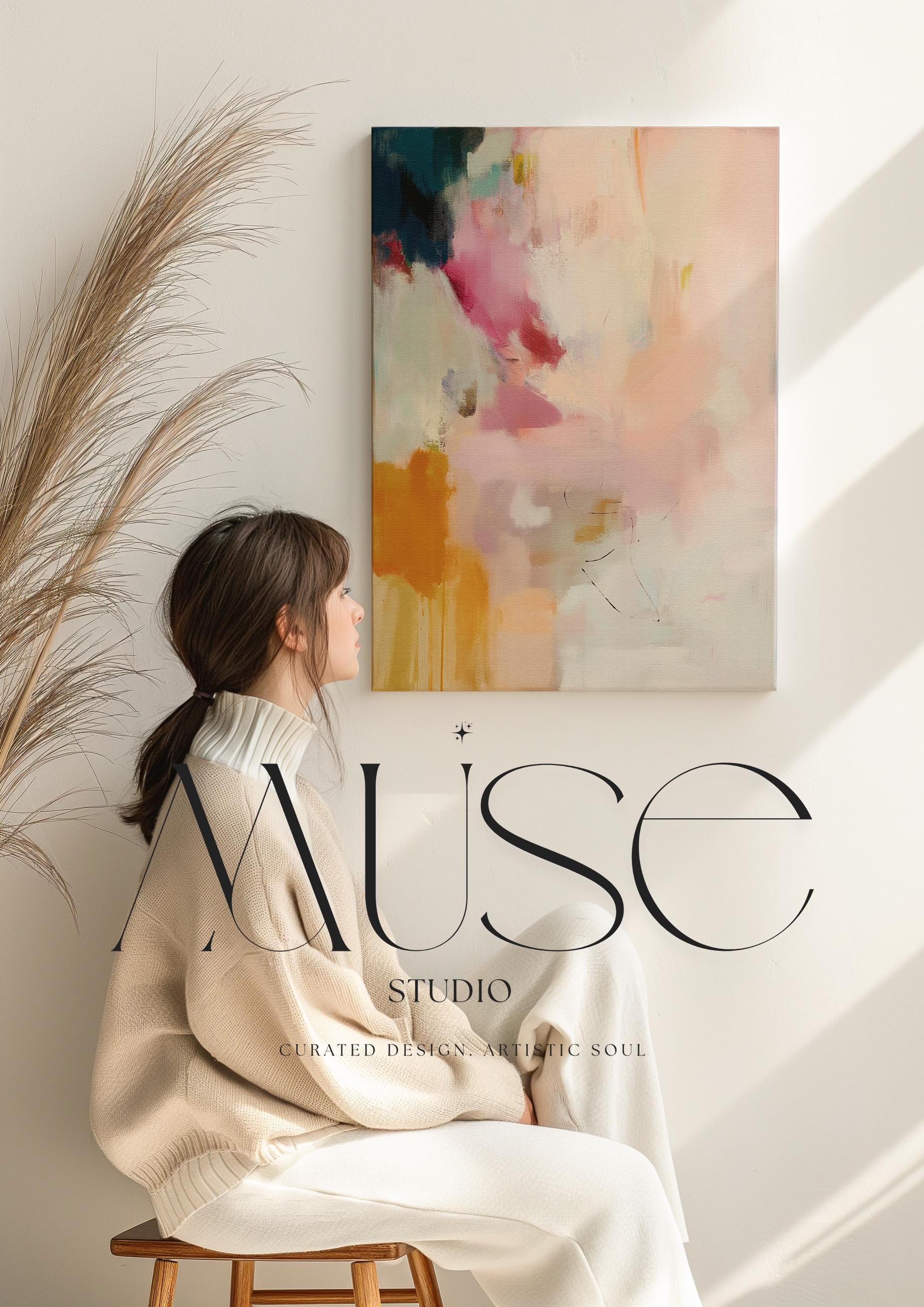 Desert Veil No. 1019 by Muse Studio & Co. vertical blush coral ochre abstract canvas wall art printed with museum-grade giclée inks on premium gallery-wrapped canvas, styled above a bed in a serene organic modern bedroom.