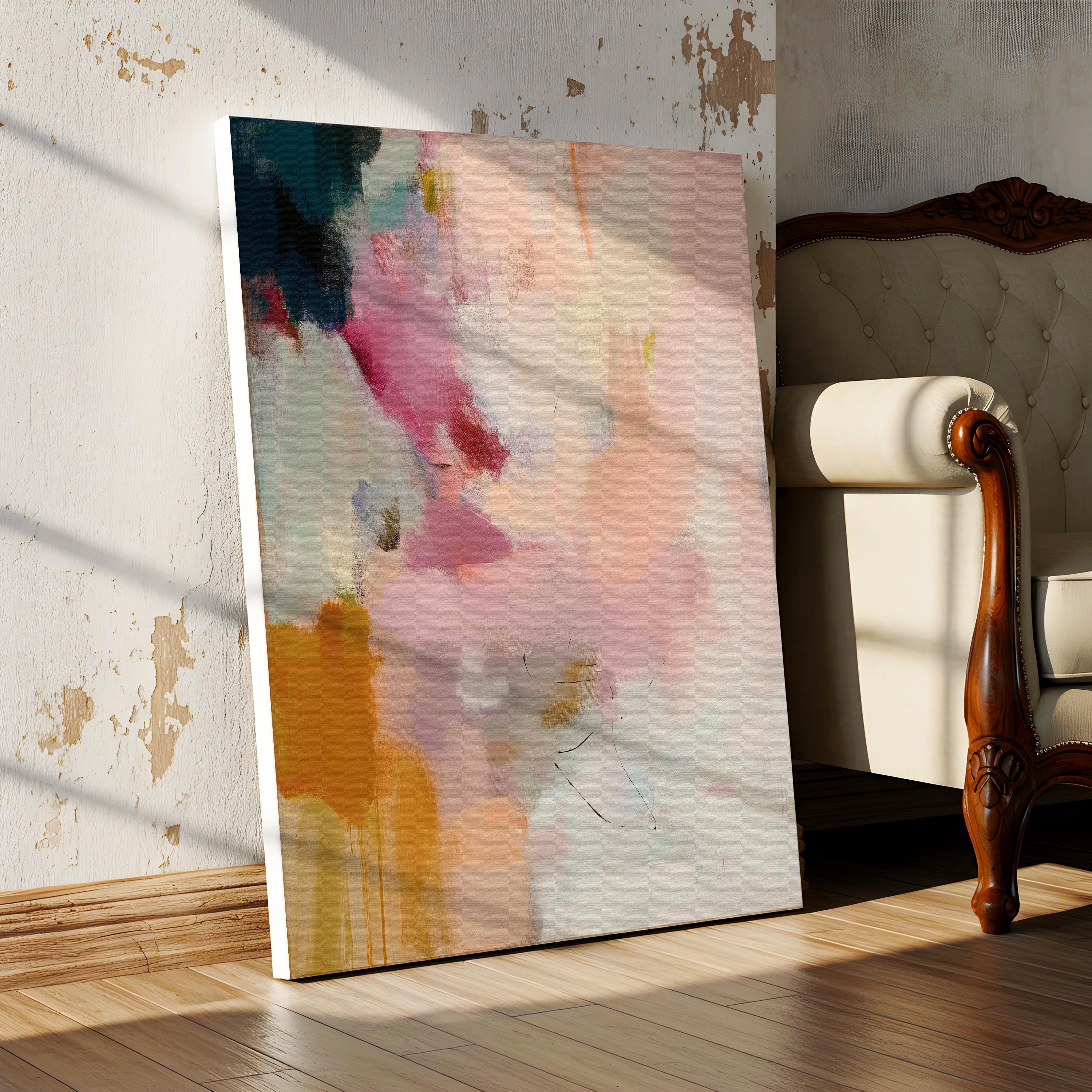 Desert Veil No. 1019 by Muse Studio & Co. vertical blush coral ochre abstract canvas wall art printed with museum-grade giclée inks on premium gallery-wrapped canvas, styled above a bed in a serene organic modern bedroom.