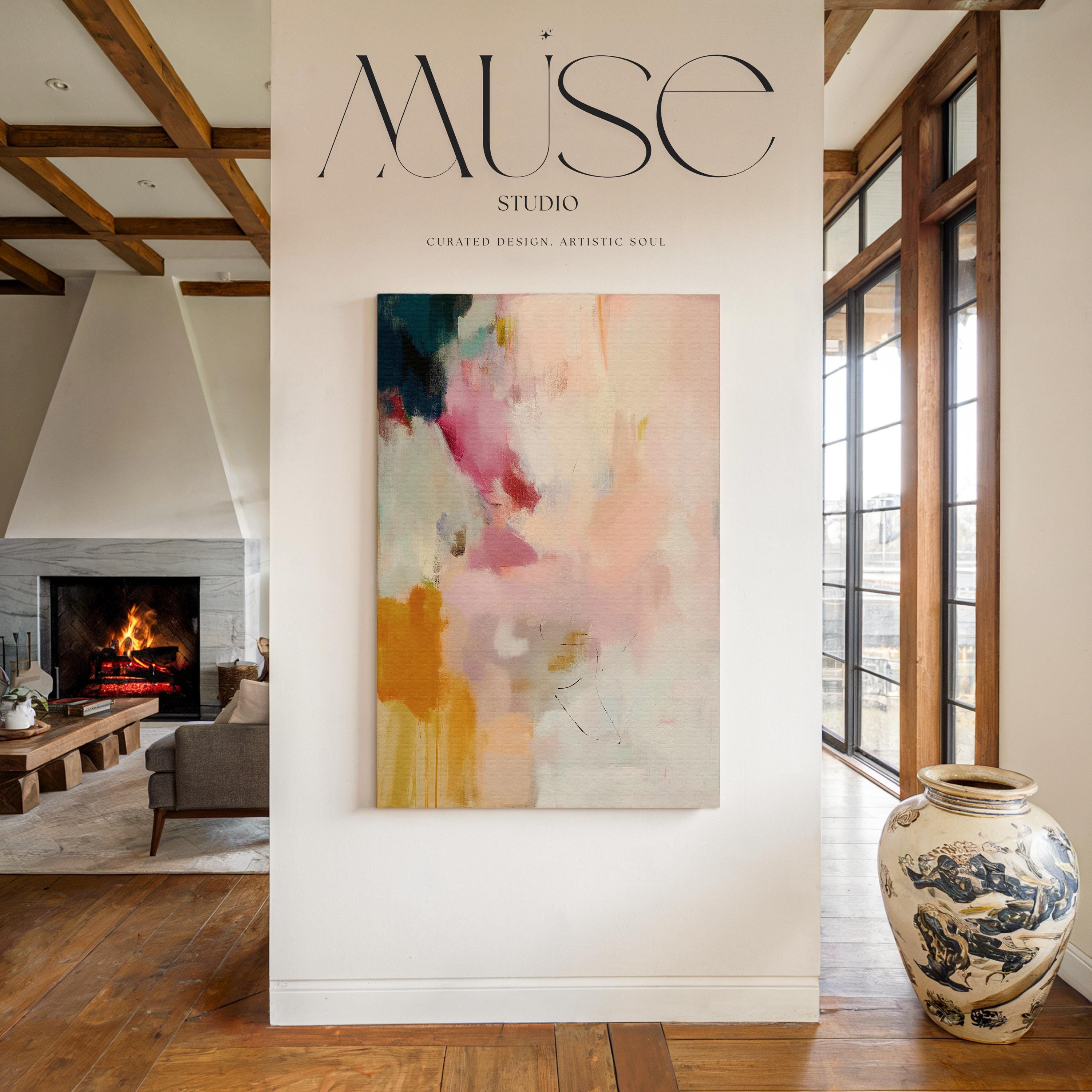 Desert Veil No. 1019 by Muse Studio & Co. vertical blush coral ochre abstract canvas wall art printed with museum-grade giclée inks on premium gallery-wrapped canvas, styled above a bed in a serene organic modern bedroom.