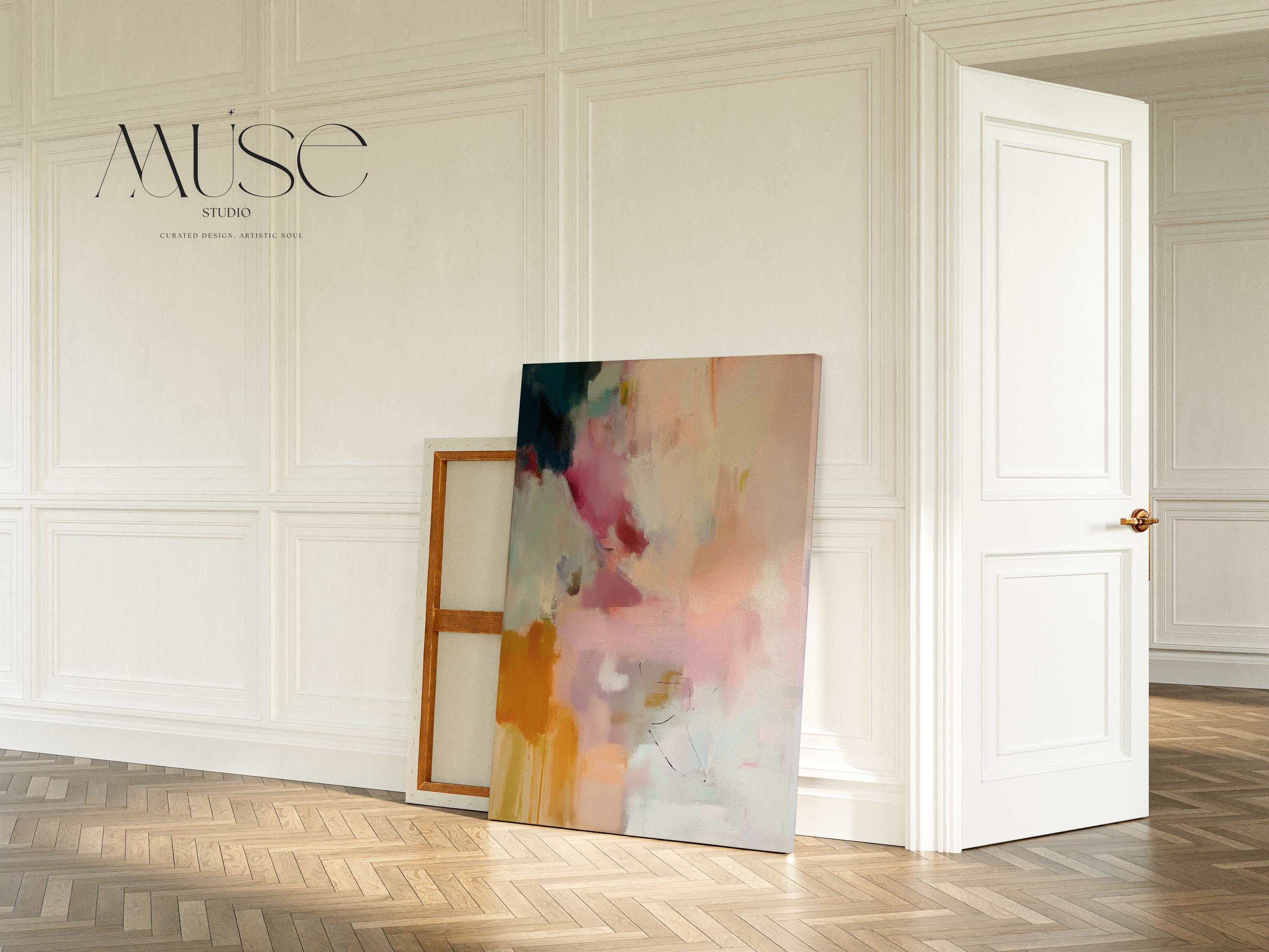 Desert Veil No. 1019 by Muse Studio & Co. vertical blush coral ochre abstract canvas wall art printed with museum-grade giclée inks on premium gallery-wrapped canvas, styled above a bed in a serene organic modern bedroom.