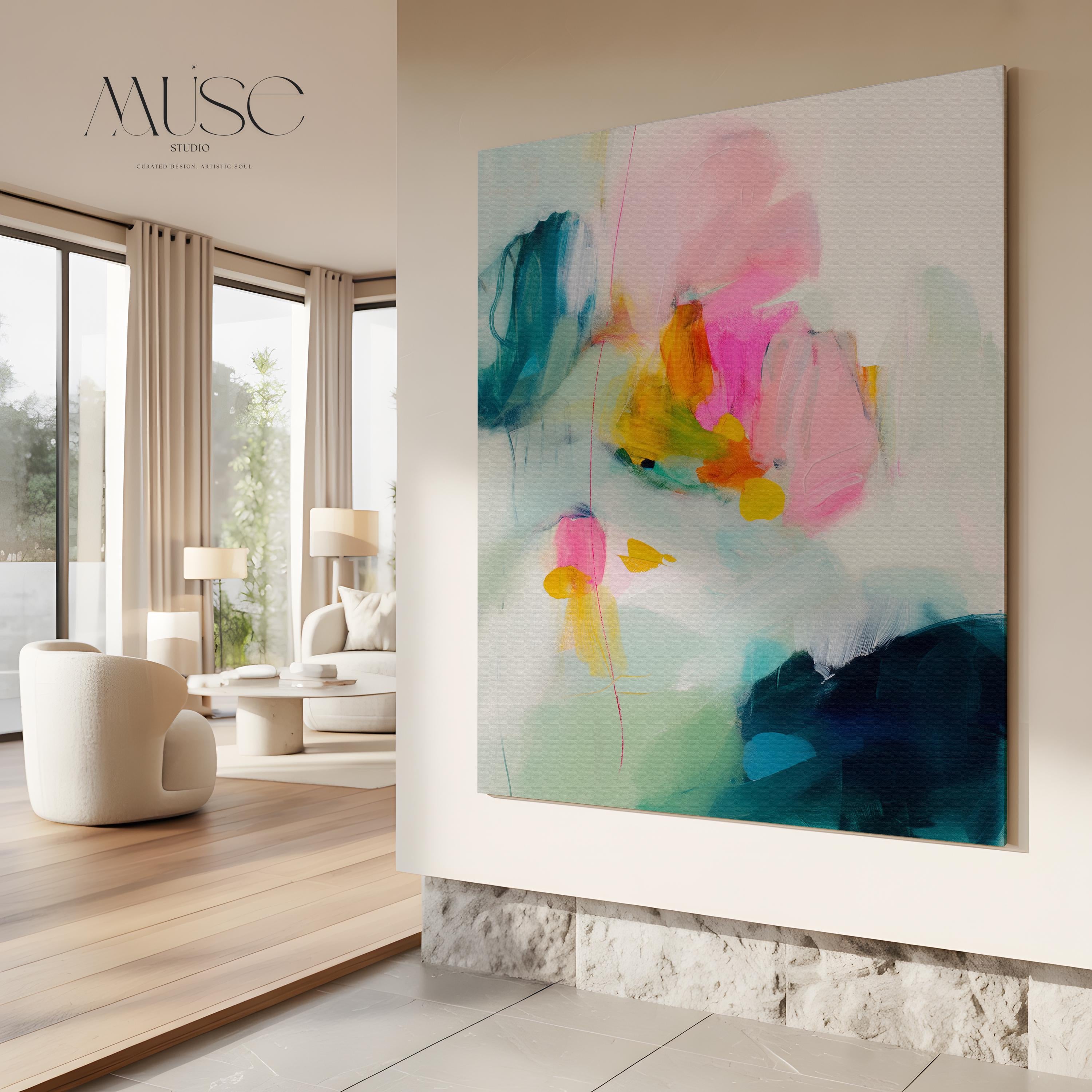 Oversized Abstract Canvas Art, Coastal Color Pop Decor, Bright Preppy Wall Art, Southern Chic Painting, Modern Teal Pink Art • 454