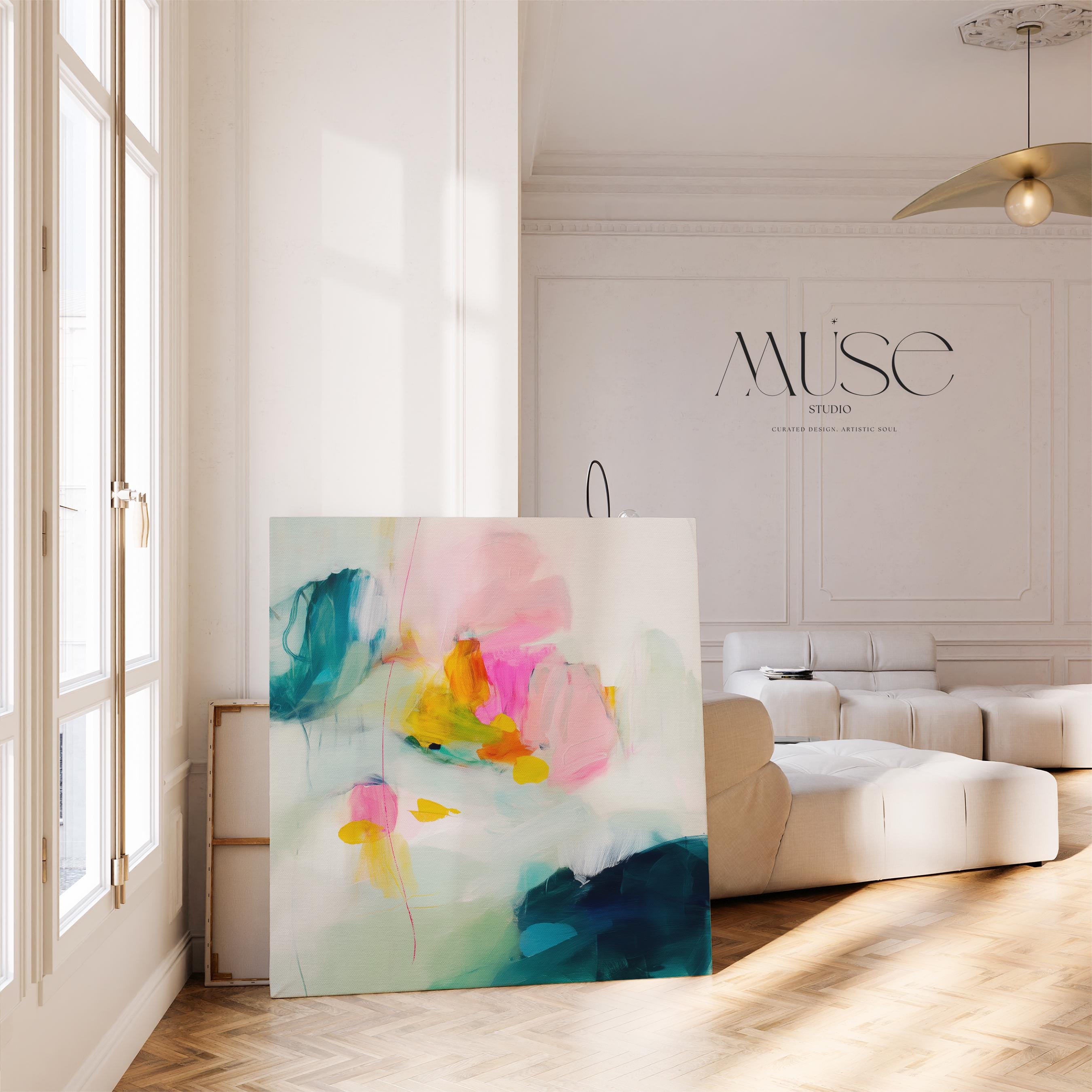 454 by Muse Studio & Co. oversized vertical abstract canvas wall art in pink, teal, and yellow tones, printed with museum-grade giclée inks on premium gallery-wrapped canvas, styled as a colorful statement piece in a bright preppy modern living room with designer interiors.