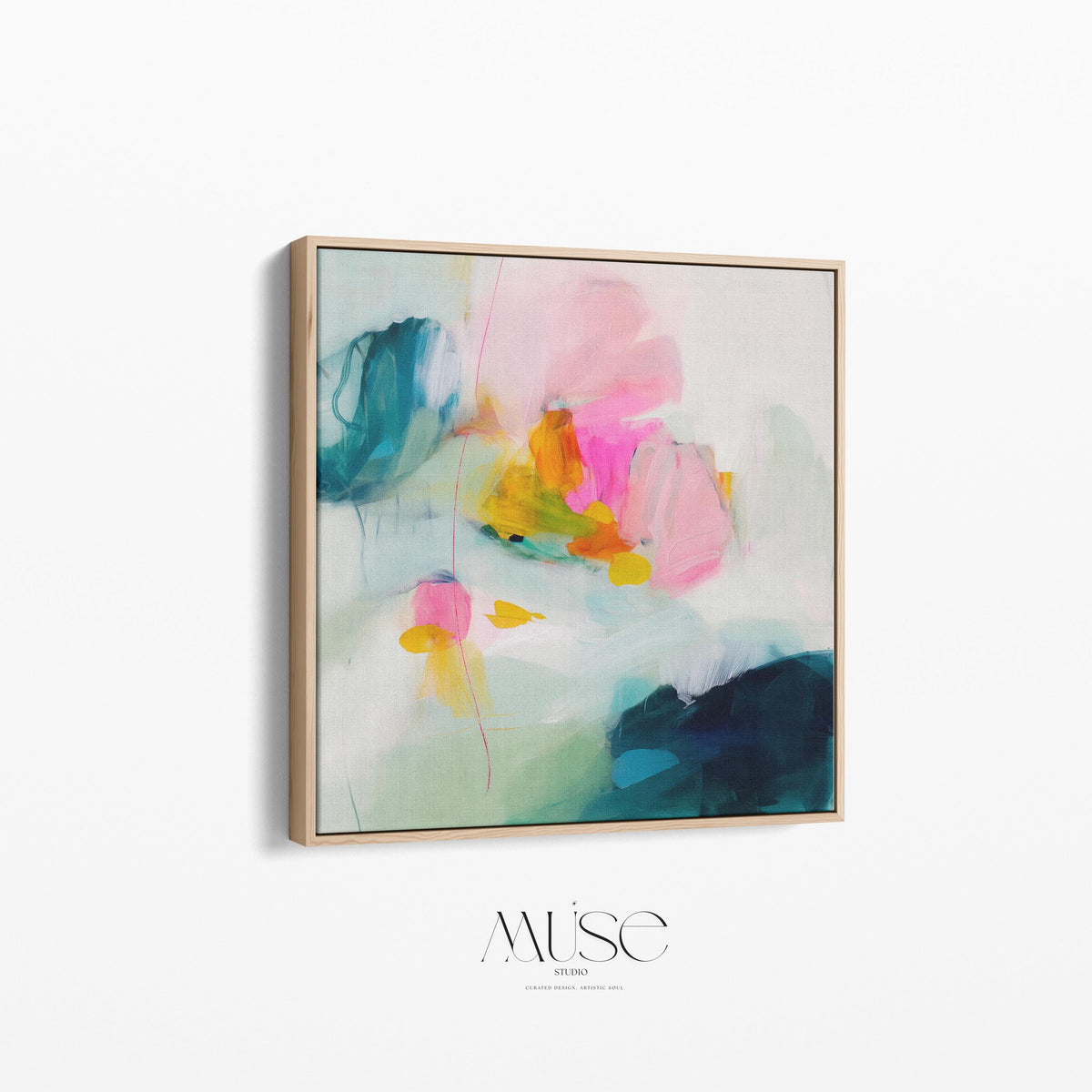 Poppy Fields No. 454 by Muse Studio & Co. vertical framed floral wall art in pink and red poppy tones, printed with museum-grade giclée inks on premium canvas and framed in a natural wood float frame, styled in a bright preppy living room.