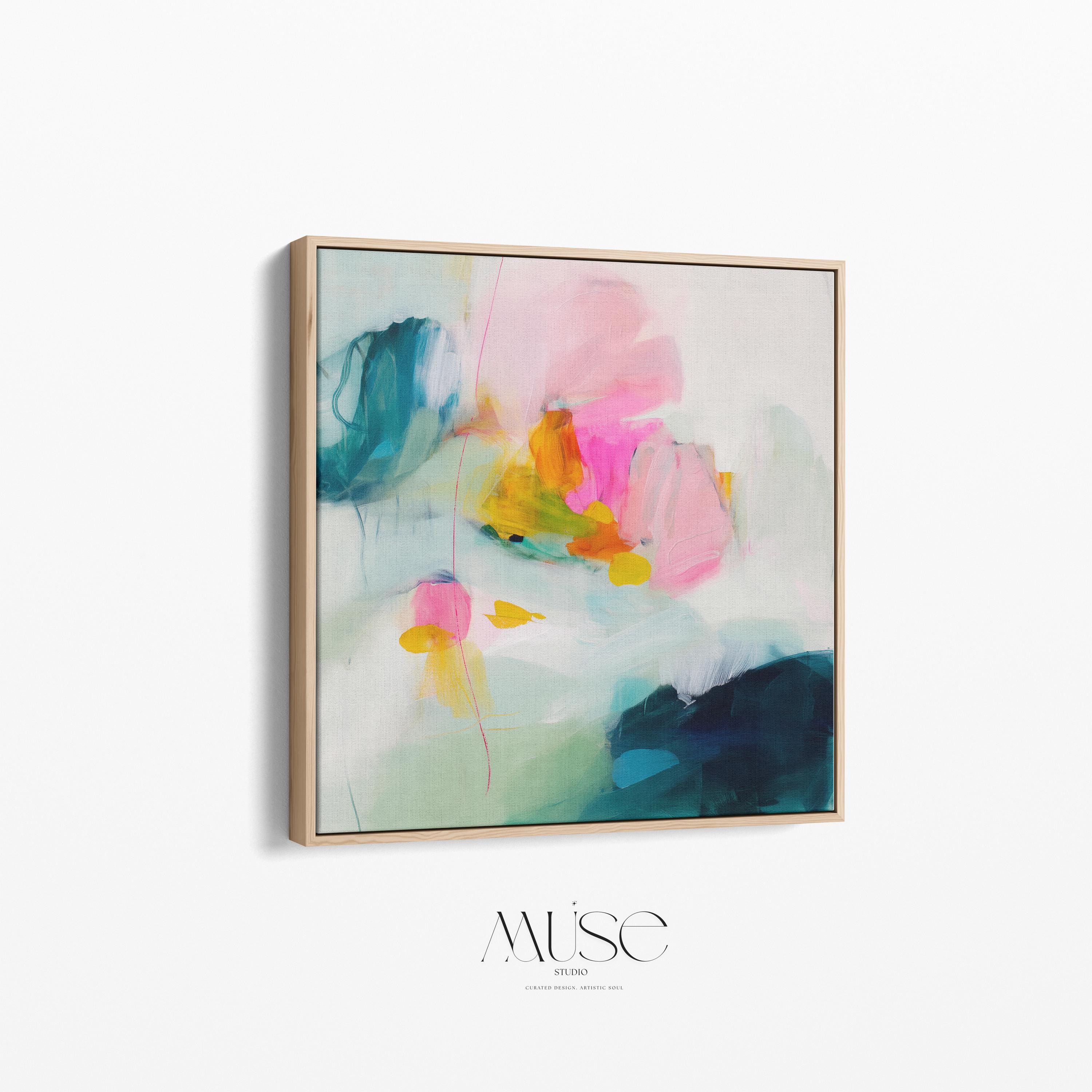 Poppy Fields No. 454 by Muse Studio & Co. vertical framed floral wall art in pink and red poppy tones, printed with museum-grade giclée inks on premium canvas and framed in a natural wood float frame, styled in a bright preppy living room.