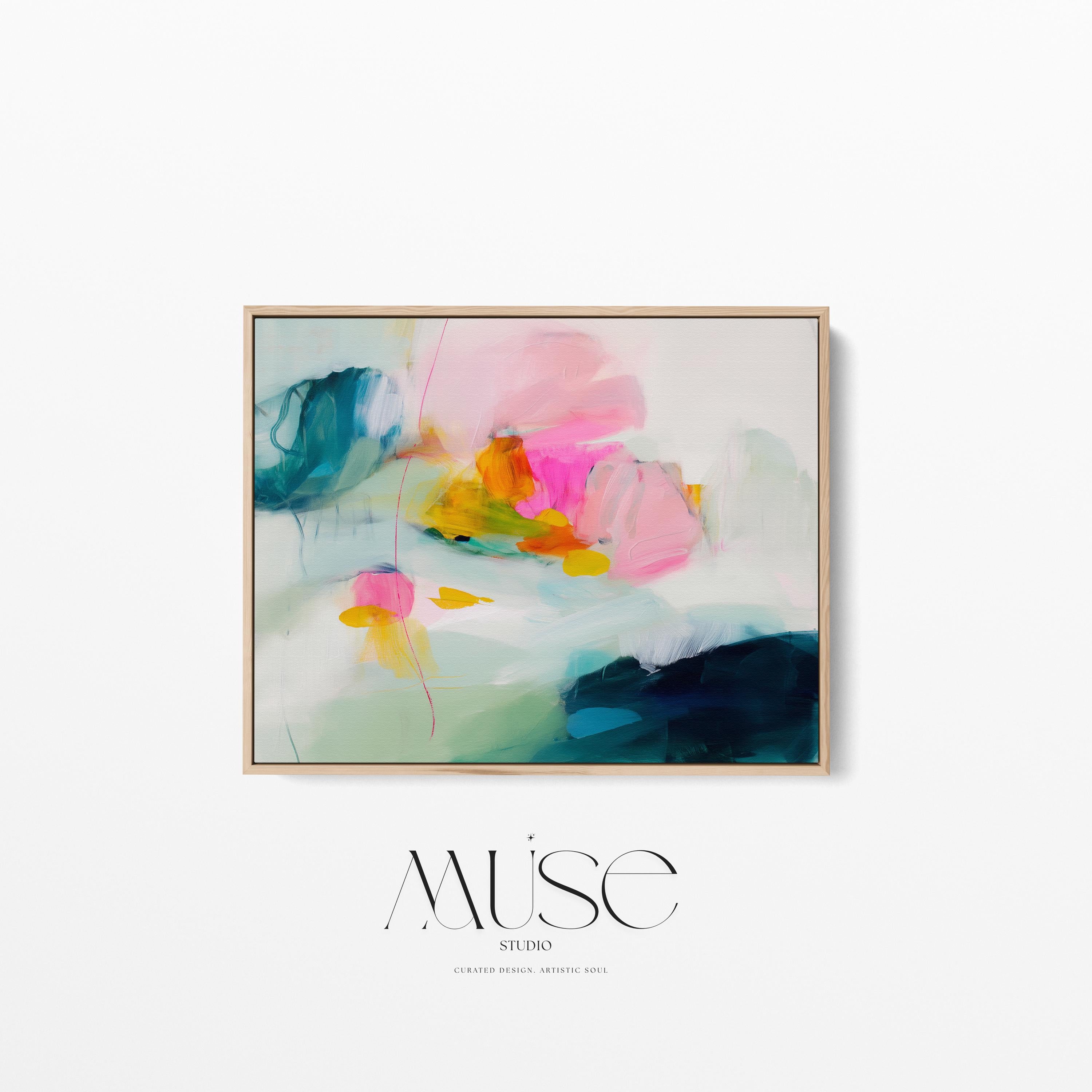 Poppy Fields No. 454 by Muse Studio & Co. horizontal colorful abstract wall art in pink, teal, yellow, and cream printed with museum-grade giclée inks on premium canvas, custom framed in natural, white, black, antique gold or silver float frame, styled in a bright designer living room.